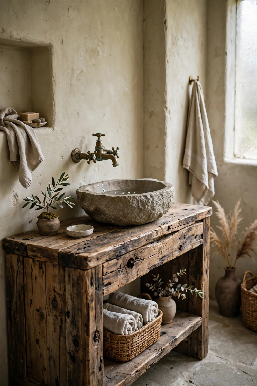 Wabi-sabi bathroom with reclaimed wood vanity showing natural knots and grain, stone basin and aged brass faucet