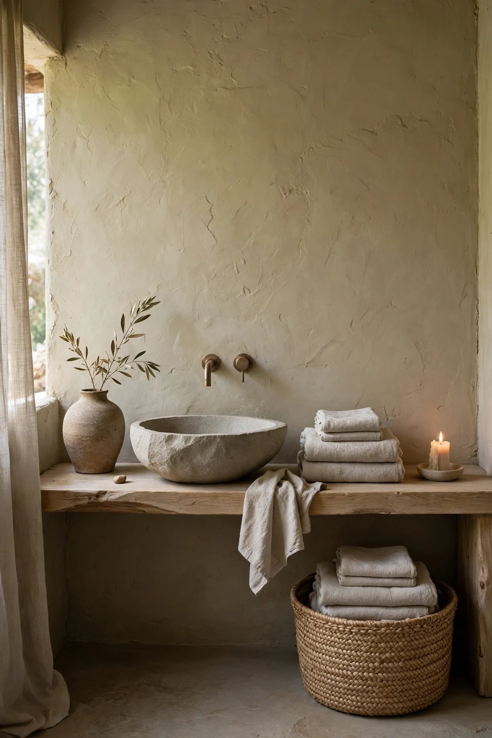 Wabi-sabi bathroom with minimal decor, one ceramic vase, folded towels, woven basket and a candle