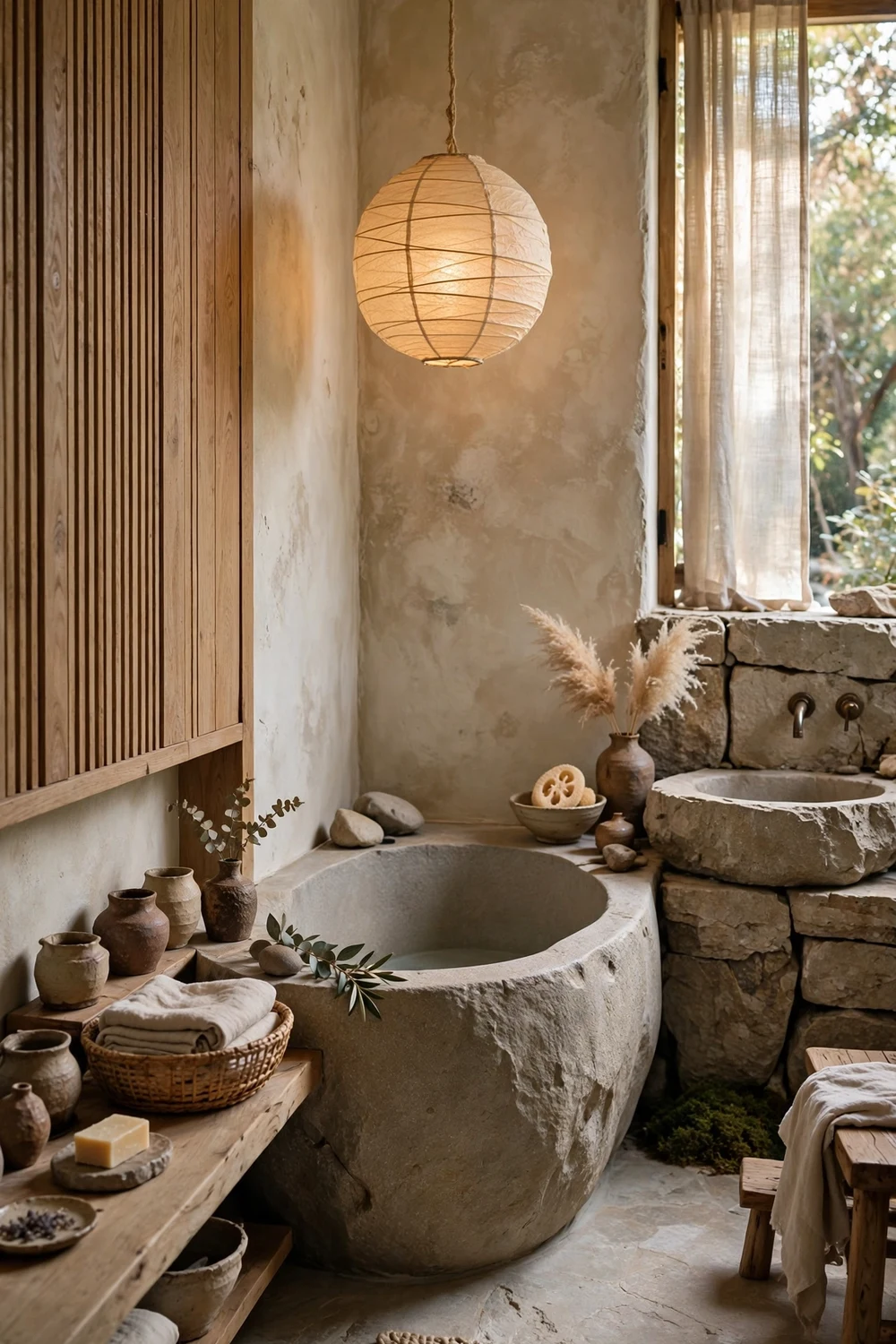 Wabi-sabi spa-like bathroom retreat combining wood, stone, warm lighting and handmade pieces