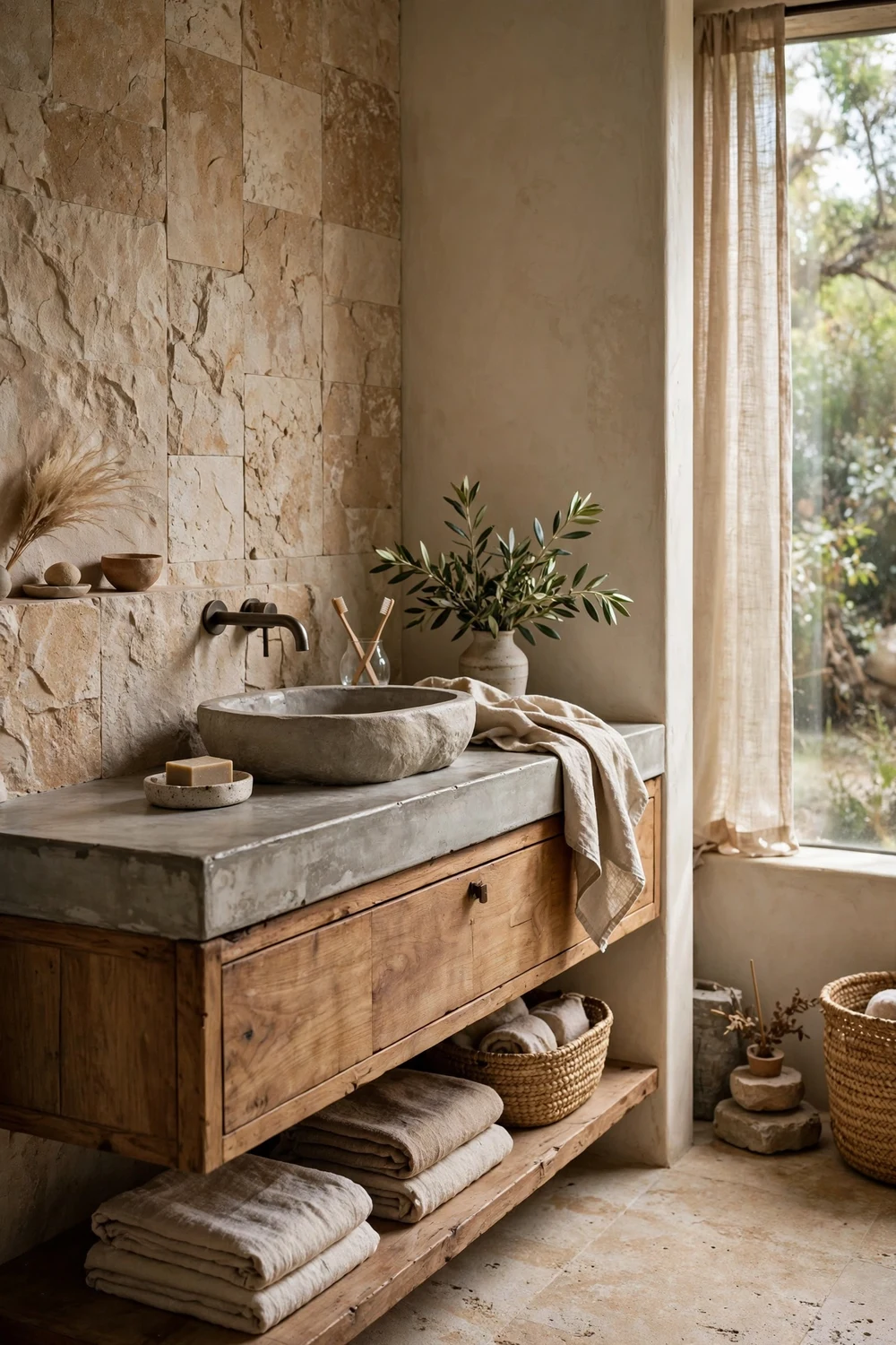 Wabi-sabi bathroom mixing a concrete countertop with warm wood and stone finishes