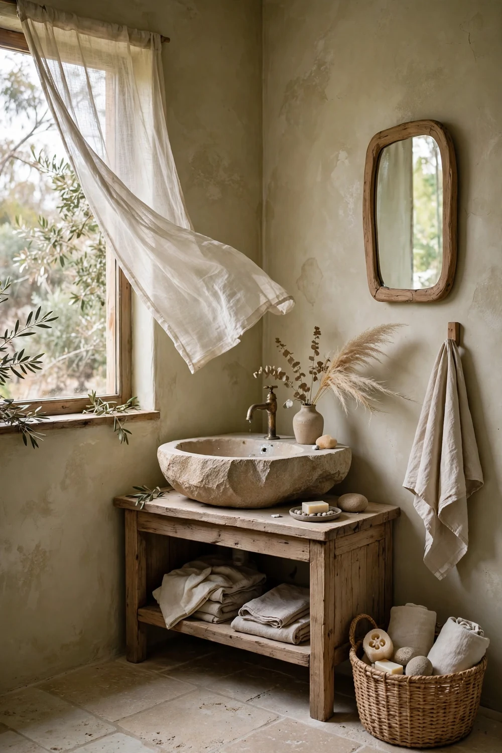 Wabi-sabi bathroom with limewash textured plaster walls in a light earthy shade