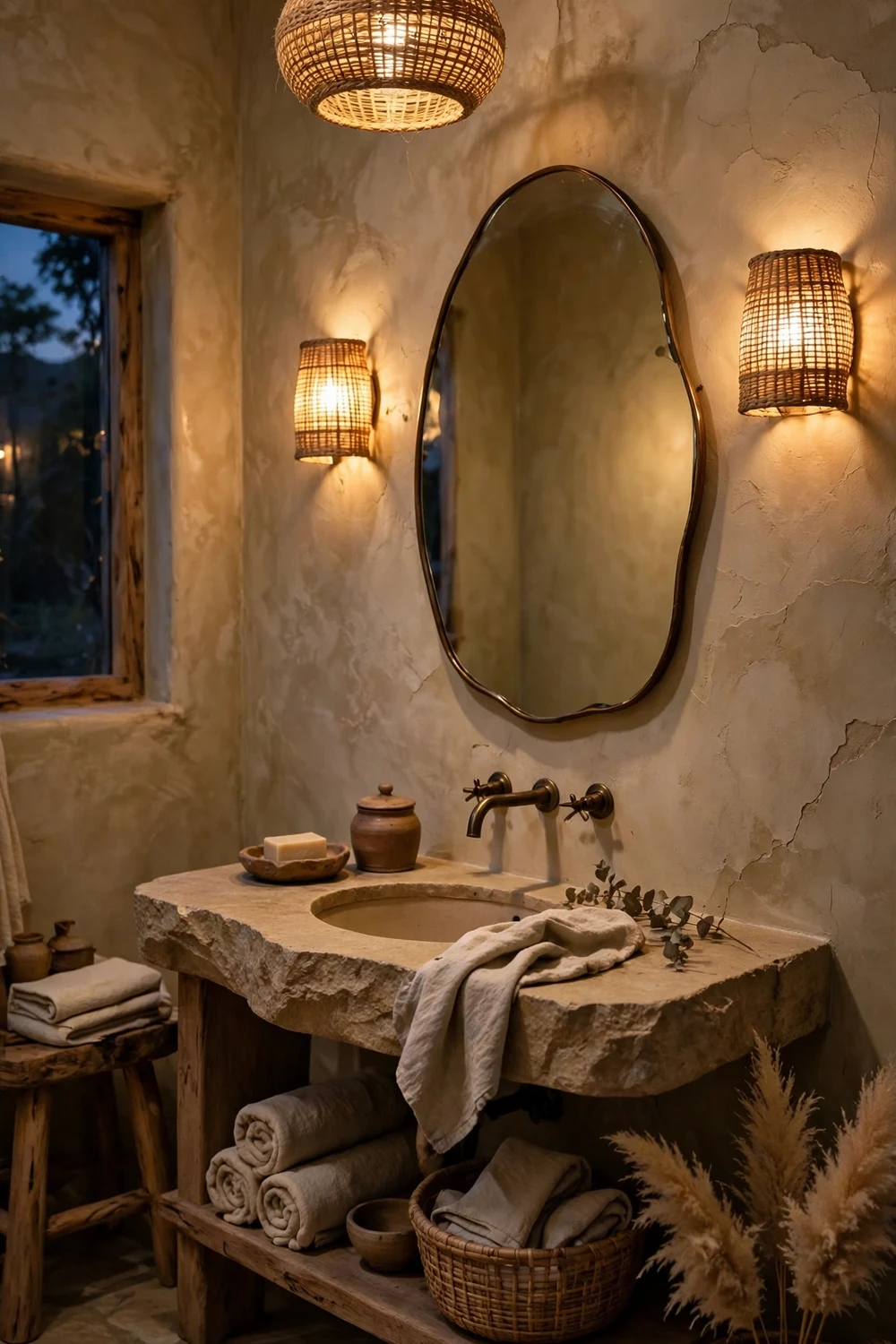 Wabi-sabi bathroom with warm ambient lighting from a woven pendant light and wall sconces, cozy evening mood