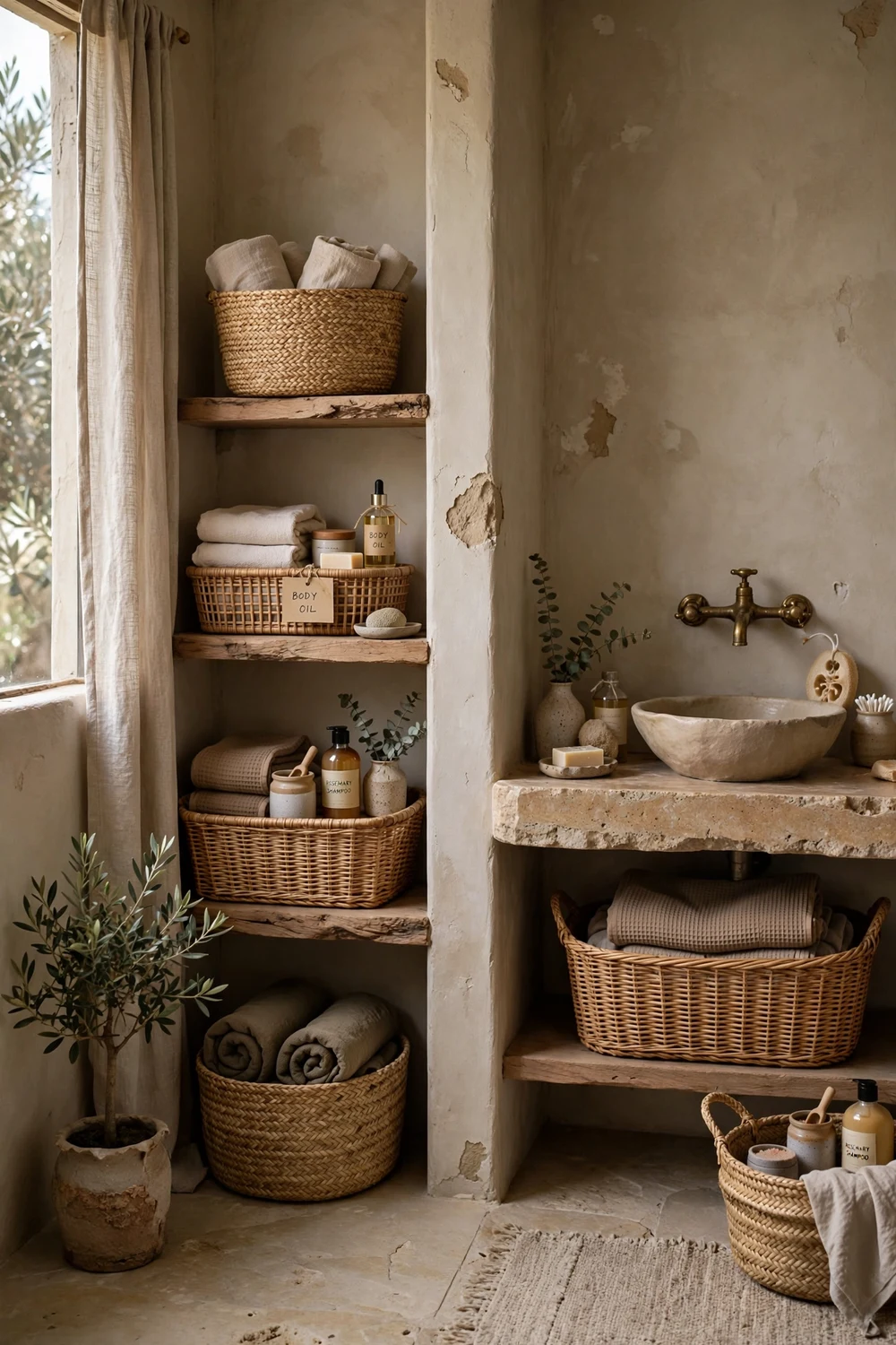 Wabi-sabi bathroom with natural woven seagrass and rattan storage baskets holding towels and bath products