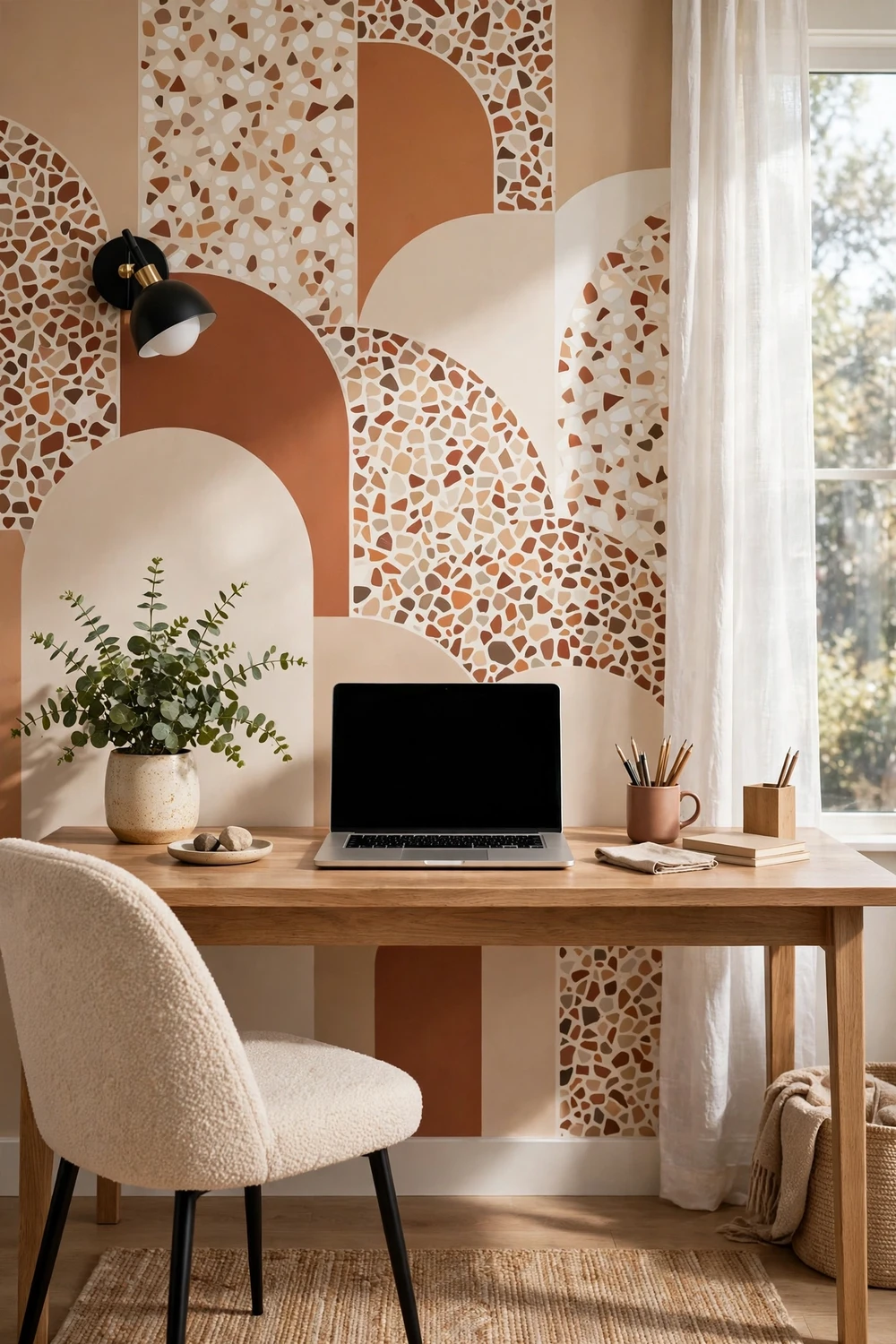 Stunning Wall Blush modern removable wallpaper with a trendy abstract pattern in a stylish home office