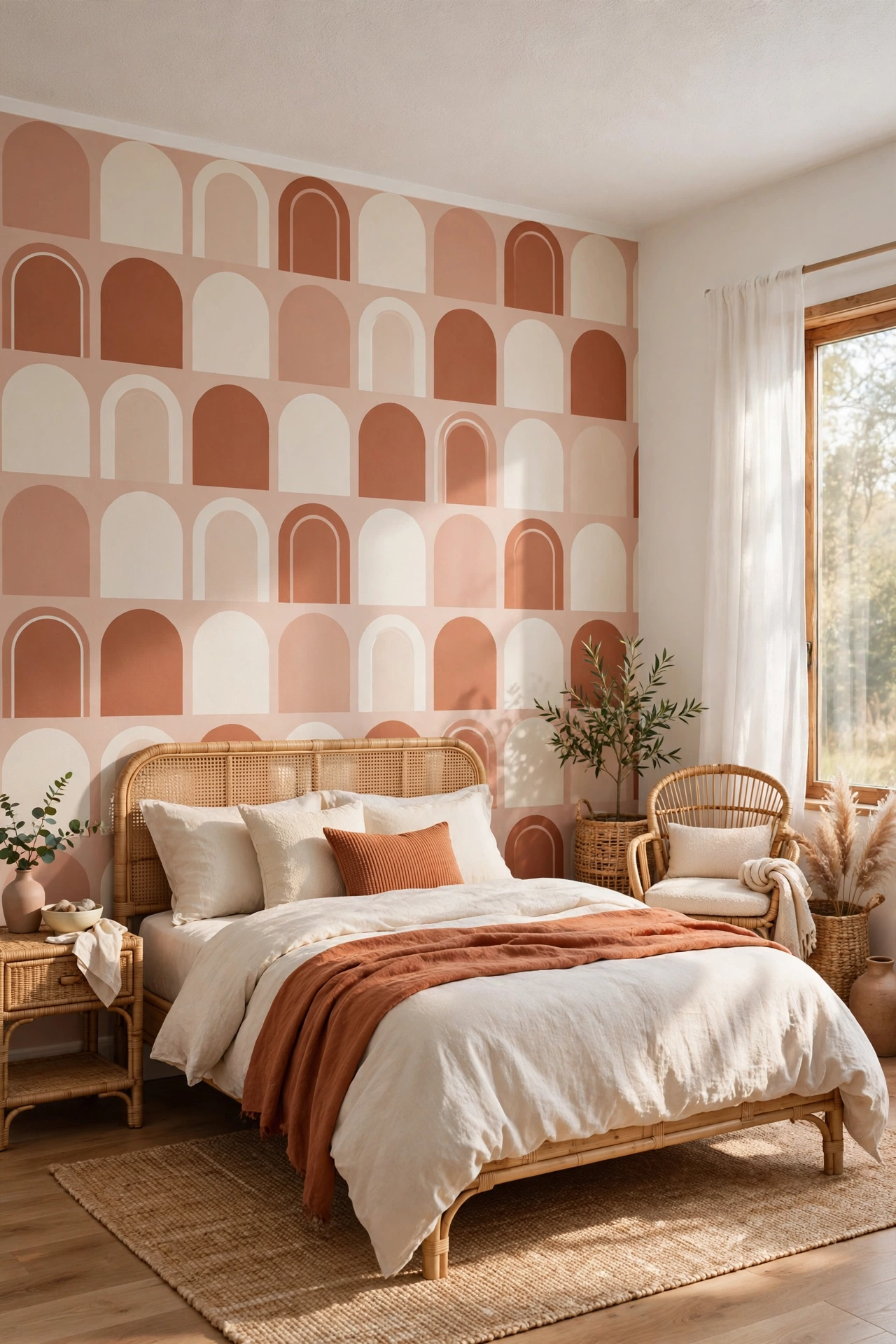 Modern bedroom with Wall Blush terracotta arches contemporary peel-and-stick wallpaper and rattan furniture