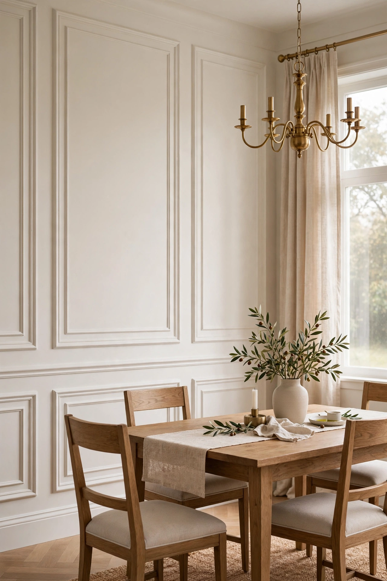 Elegant picture-frame wall molding on a dining room wall painted in warm white