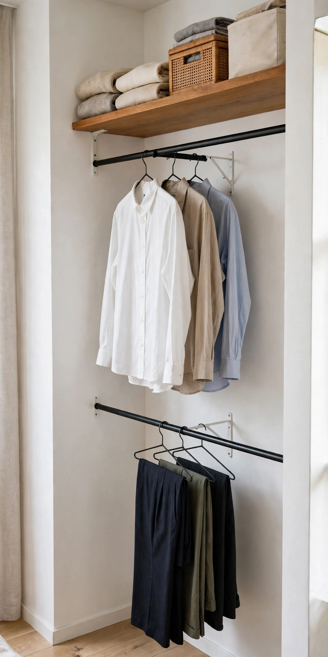 Wall-mounted black metal closet rods at two heights with a floating shelf above in a small bedroom