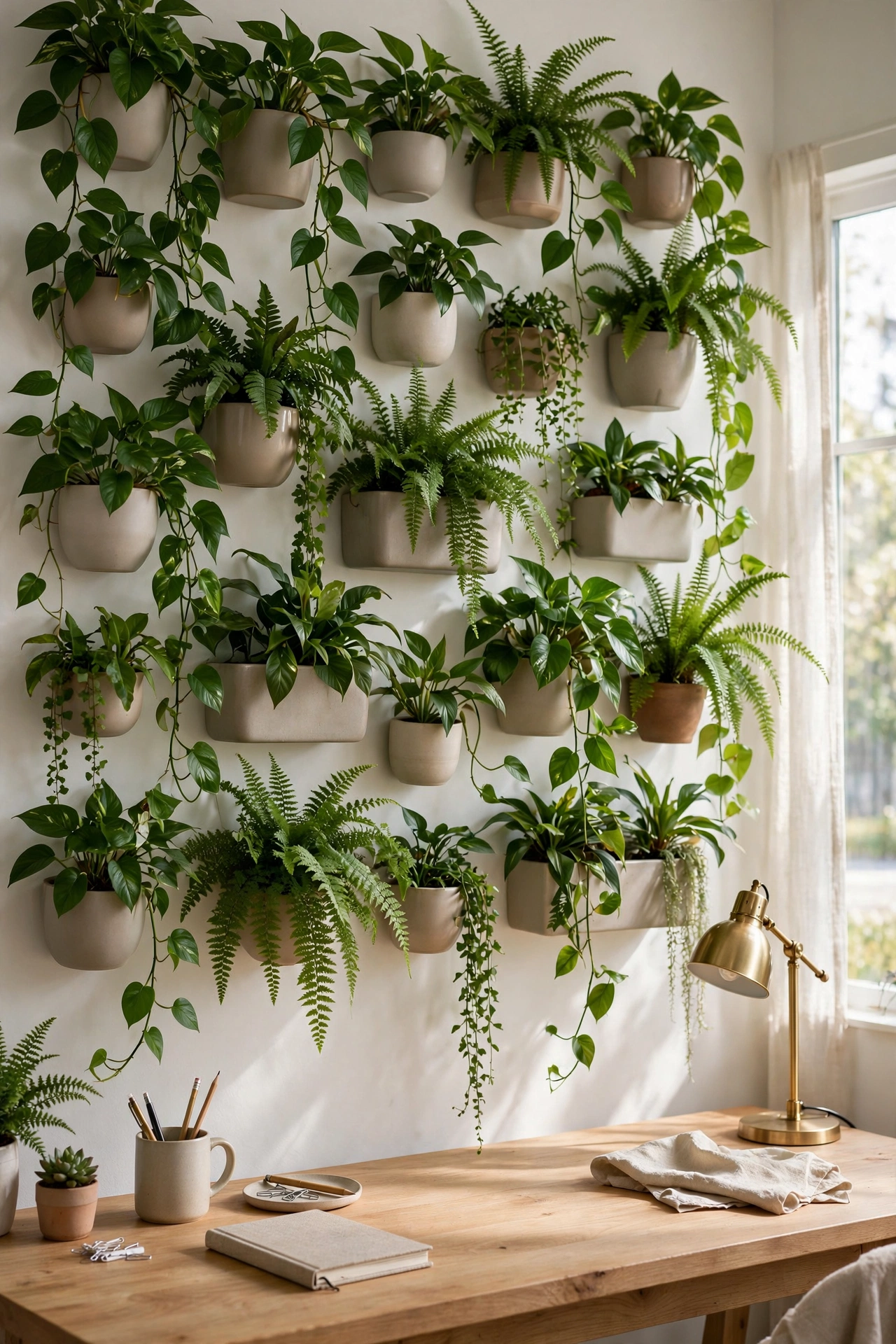 Wall-mounted planters with trailing pothos and ferns creating a green accent wall