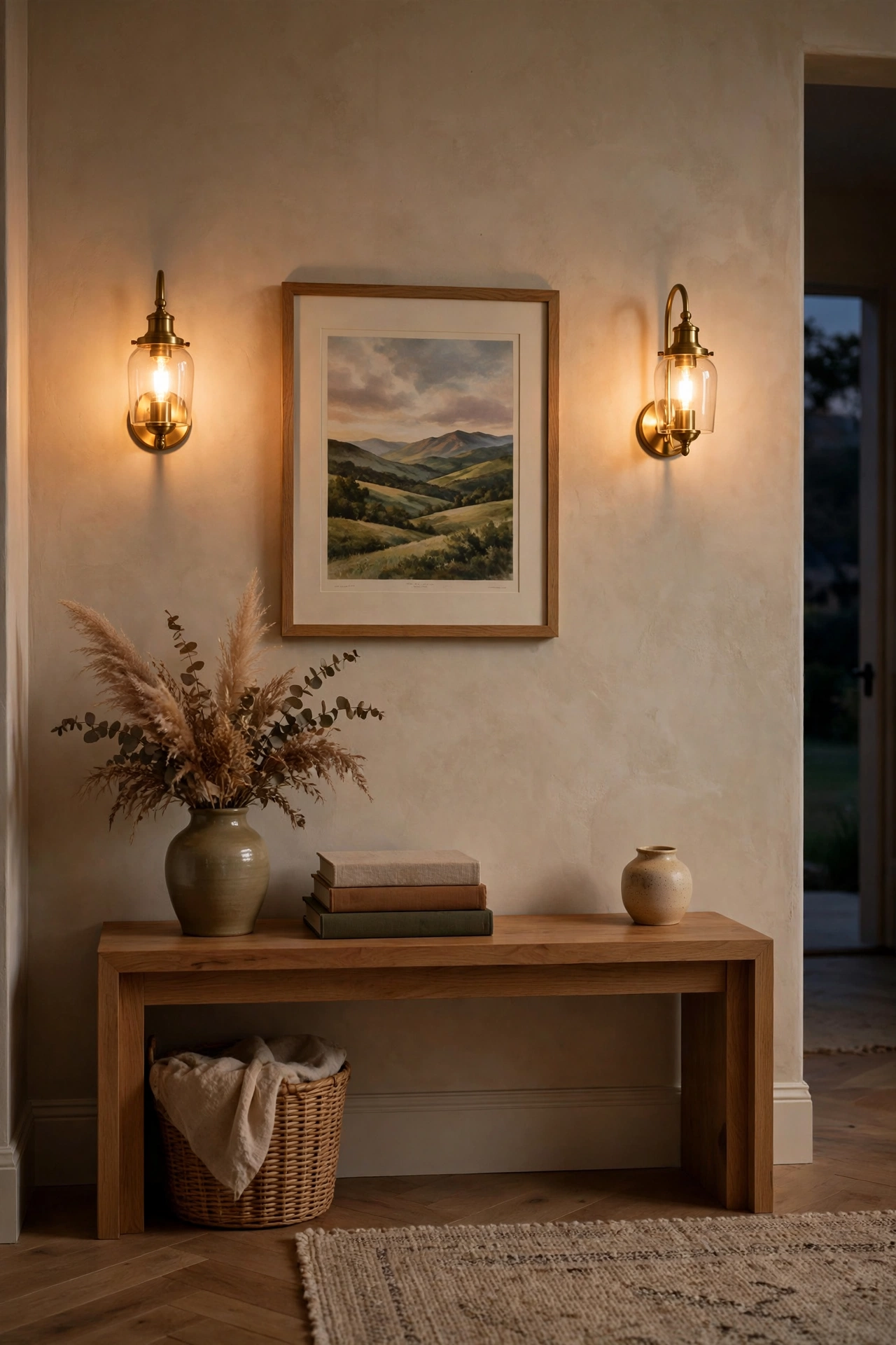Pair of brass wall sconces flanking framed art above a console table in an entryway