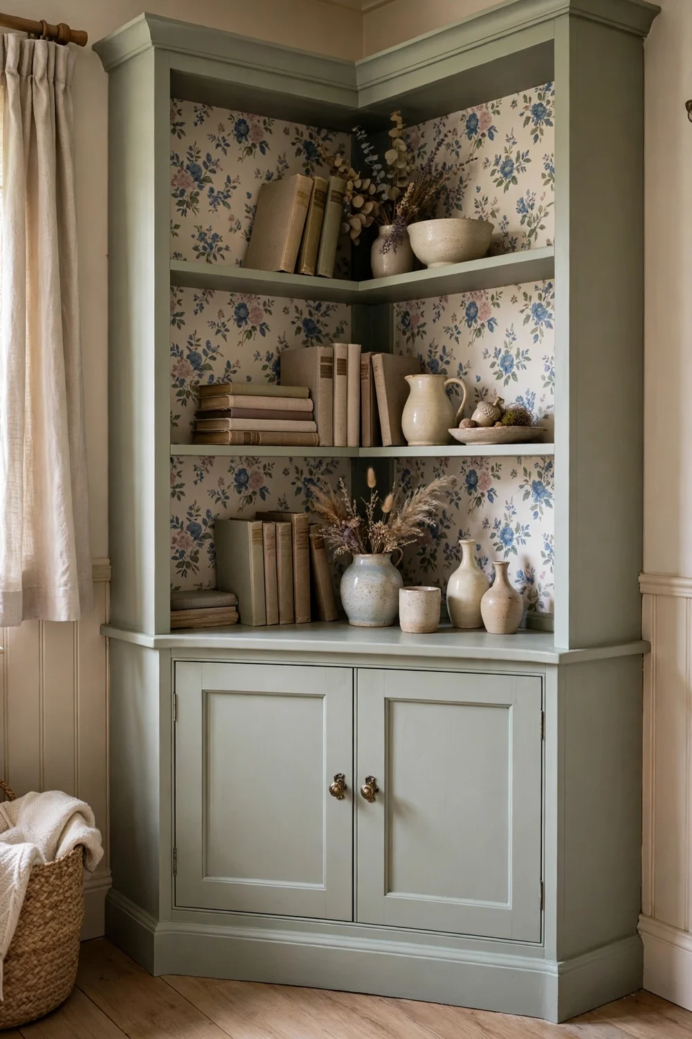 Corner cabinet with floral wallpaper lining the back panel of open shelves