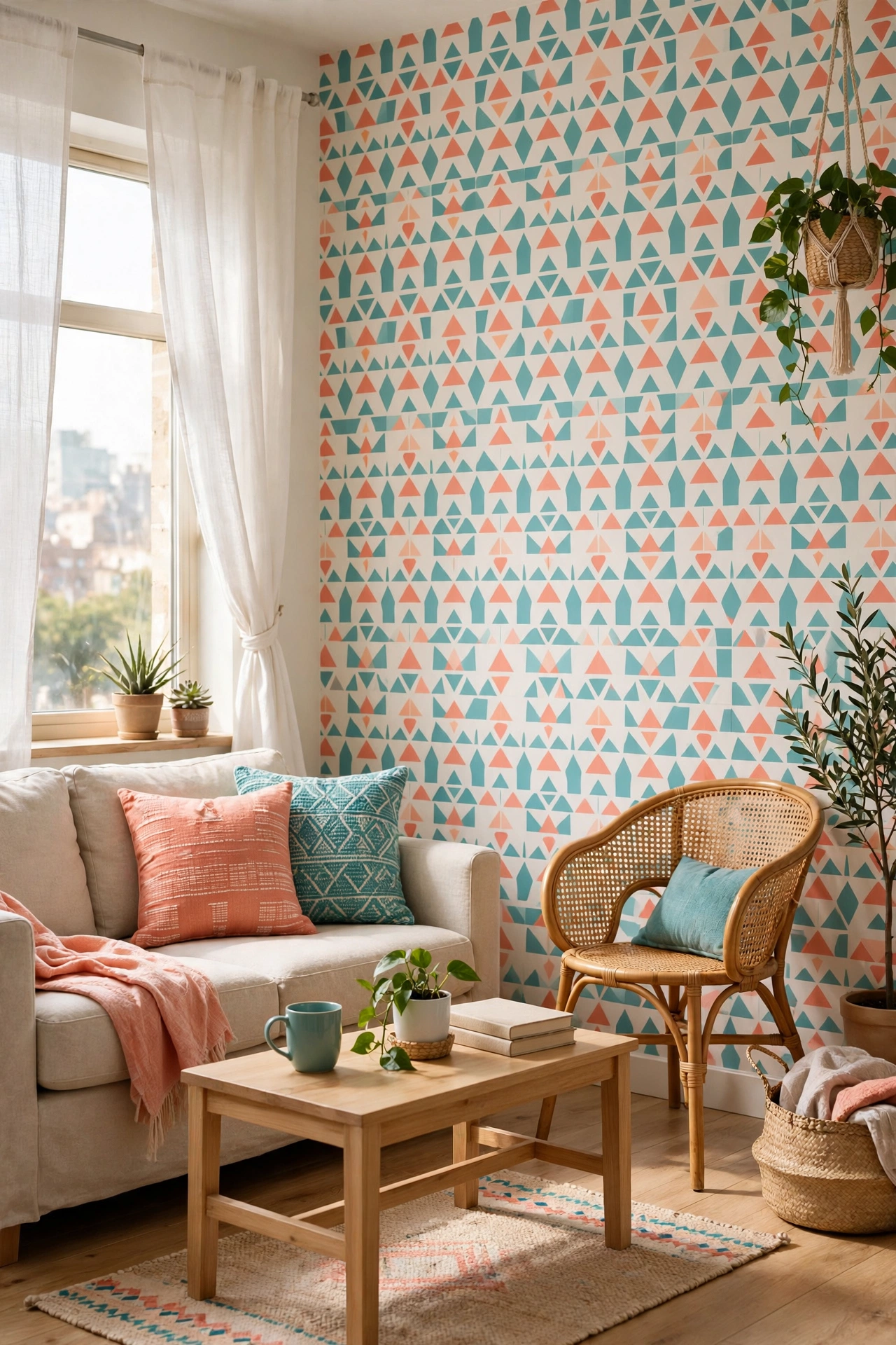 Small apartment living room with WallPops teal and coral geometric budget peel-and-stick wallpaper
