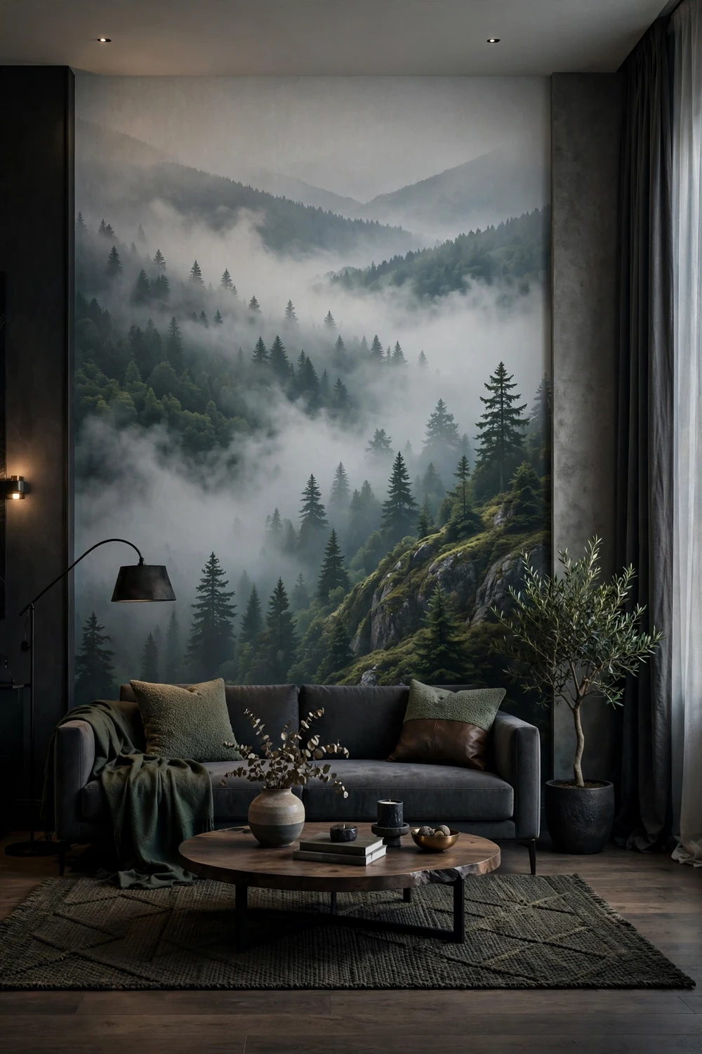 Stunning Walls Need Love removable wallpaper mural with a dramatic landscape scene in a living room