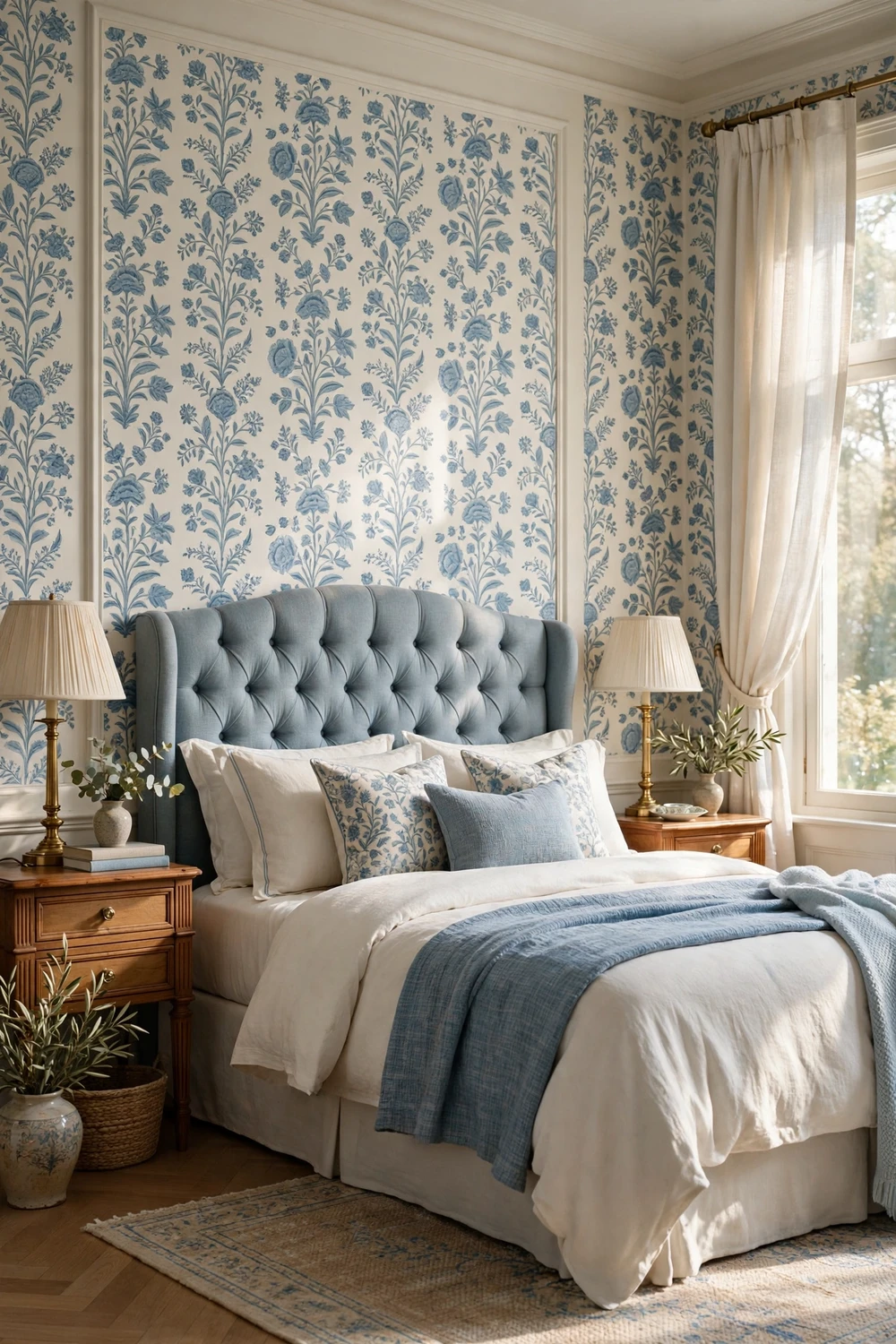 Stunning Wallshoppe designer removable wallpaper with a classic block-print pattern in an elegant bedroom