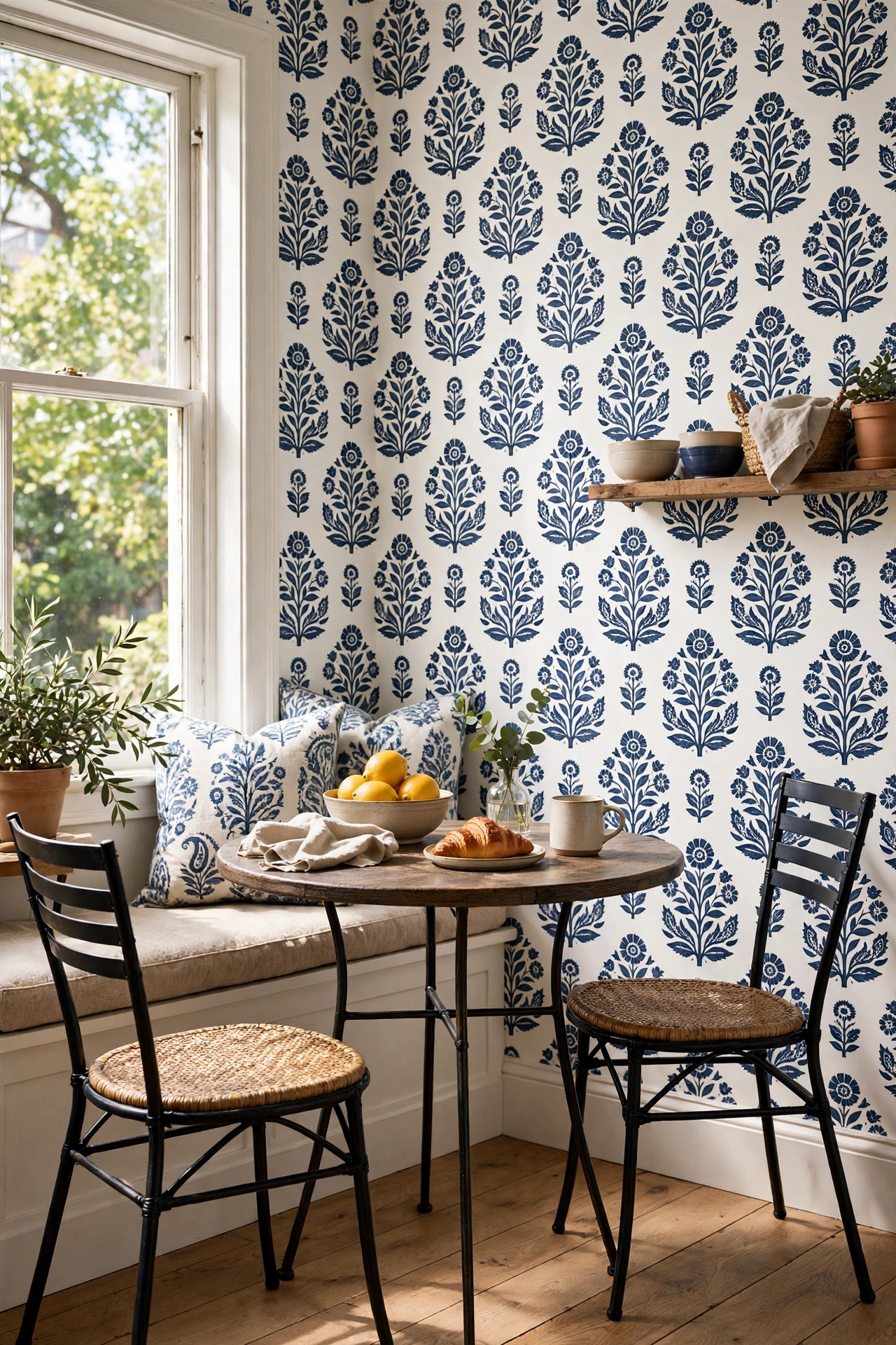 Kitchen nook with Wallshoppe navy and white block-print patterned peel-and-stick wallpaper