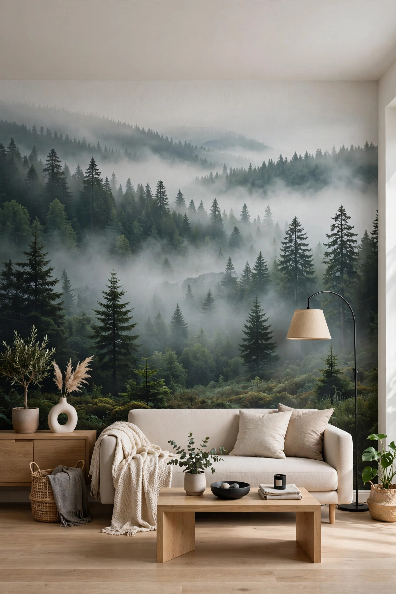 Modern living room with WallsNeedLove custom misty forest peel-and-stick wall mural