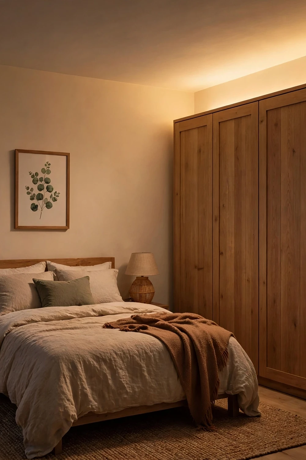 Bedroom with a warm LED strip hidden on top of a tall wardrobe casting uplight on the ceiling
