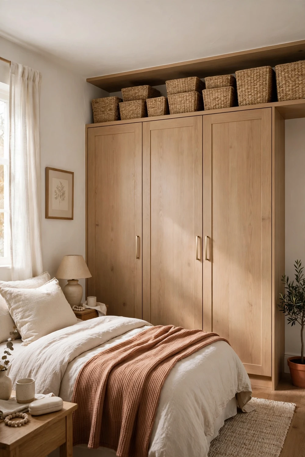 Fitted wardrobe with neat storage boxes on the top shelf above the doors
