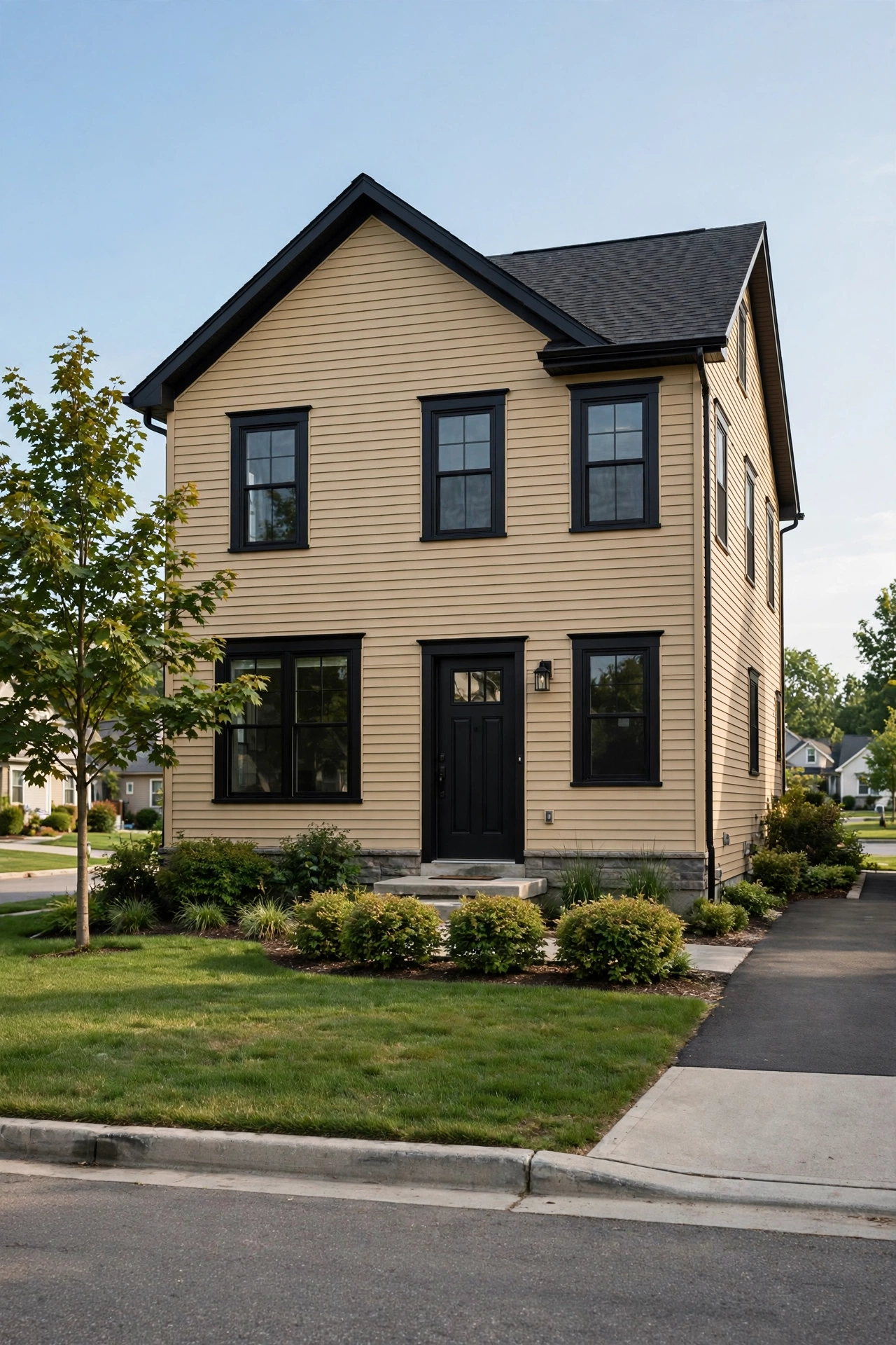 Two-story house with warm beige siding and bold black window trim and front door