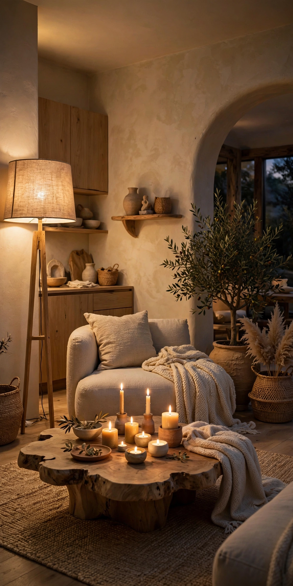 Living room glowing with layered warm lighting from a floor lamp and candles in the evening