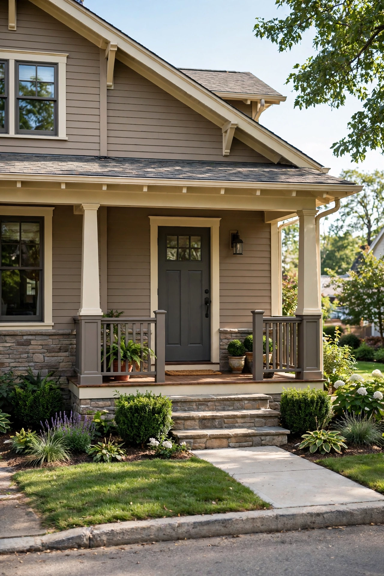 Warm taupe craftsman house with cream trim and a charcoal front door