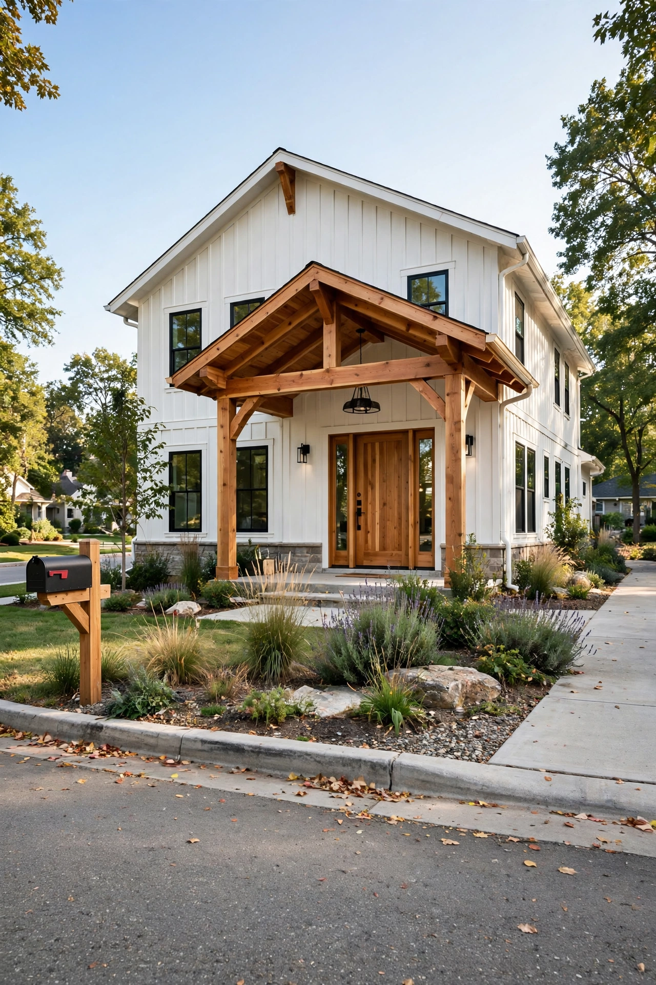 Warm white modern farmhouse with natural wood front door and cedar porch beams