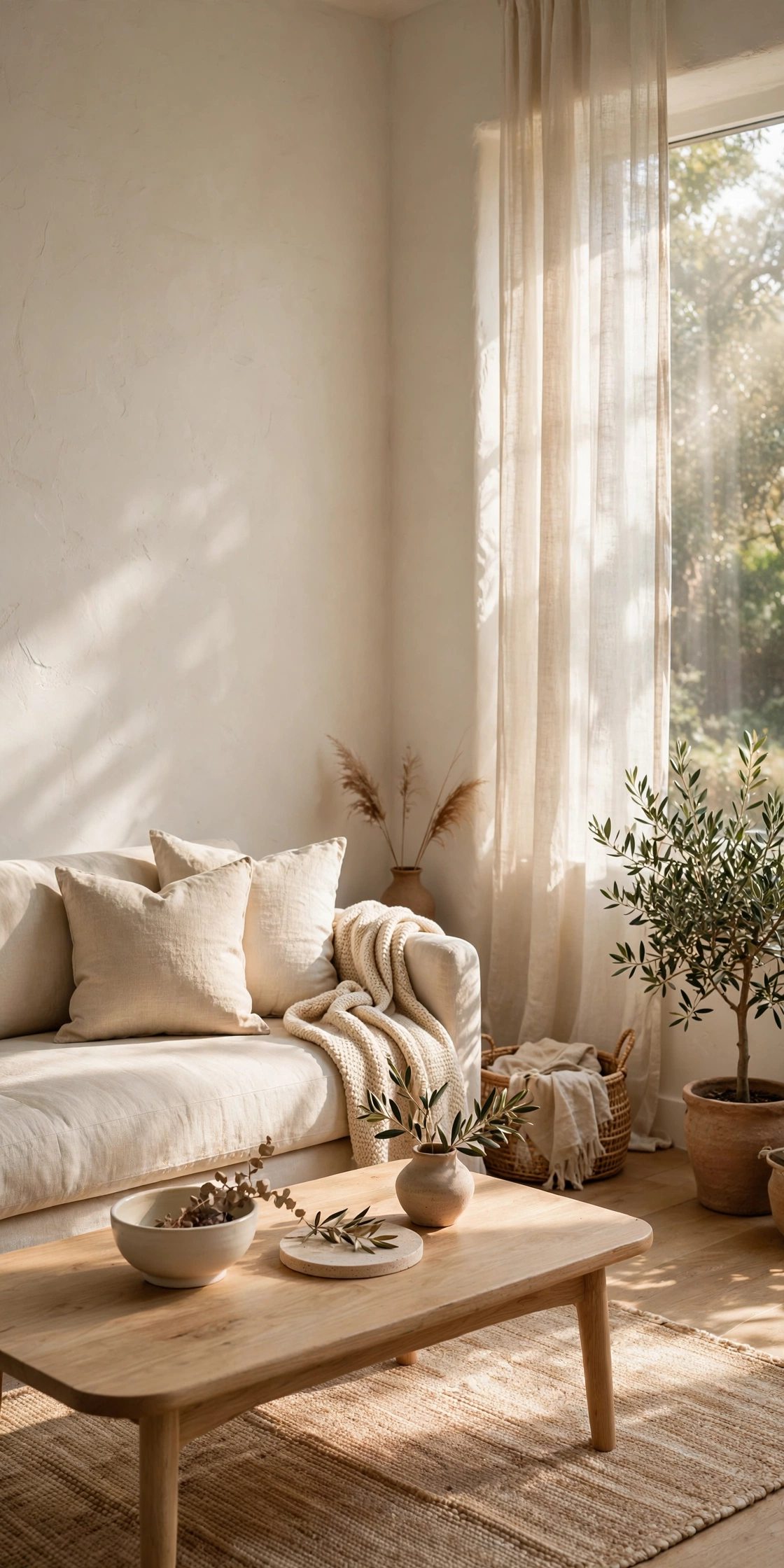 Living room with warm white plaster walls, oak coffee table and linen sofa in natural light