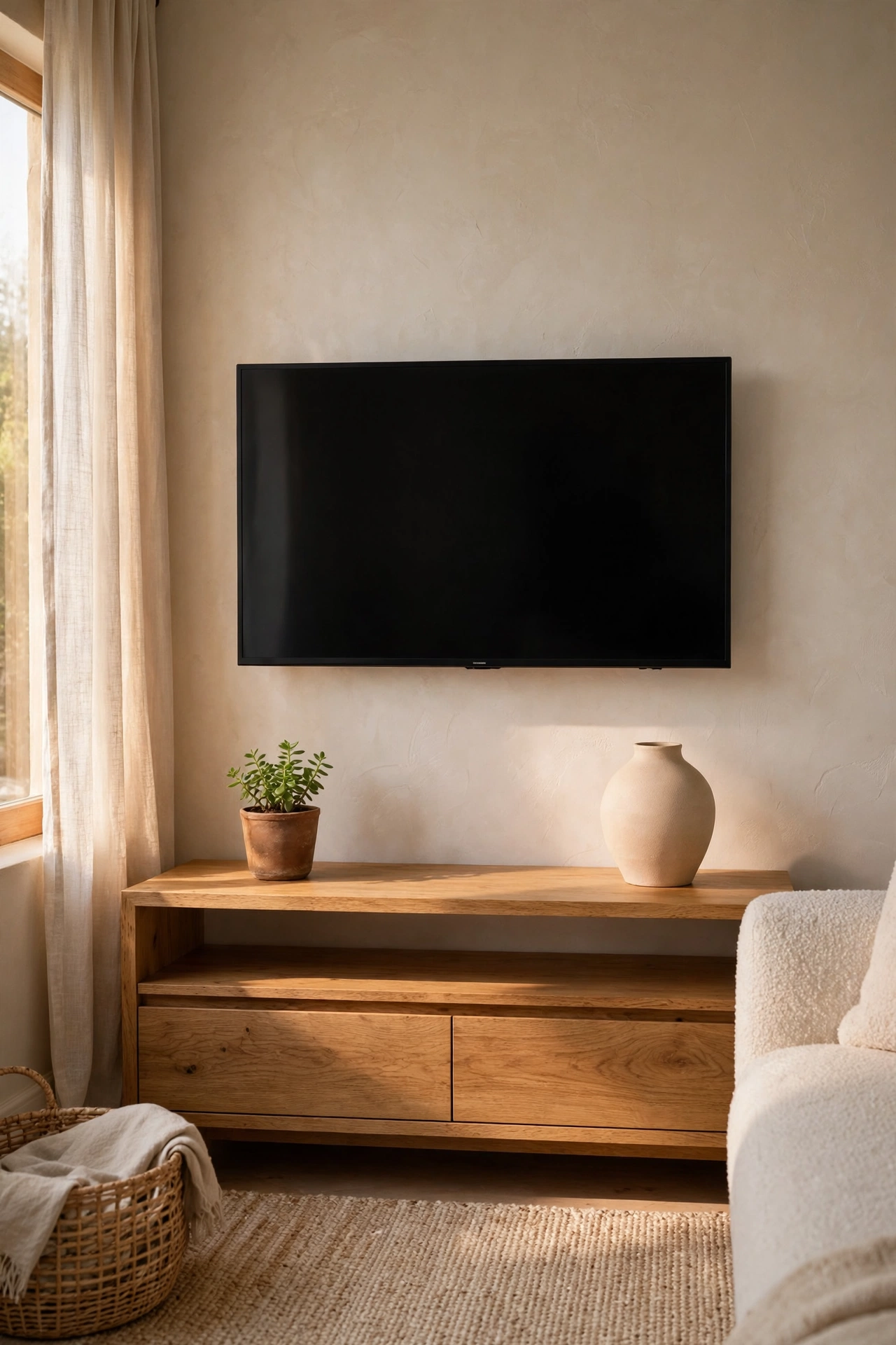 Low oak media console with TV styled with a plant and ceramic vase