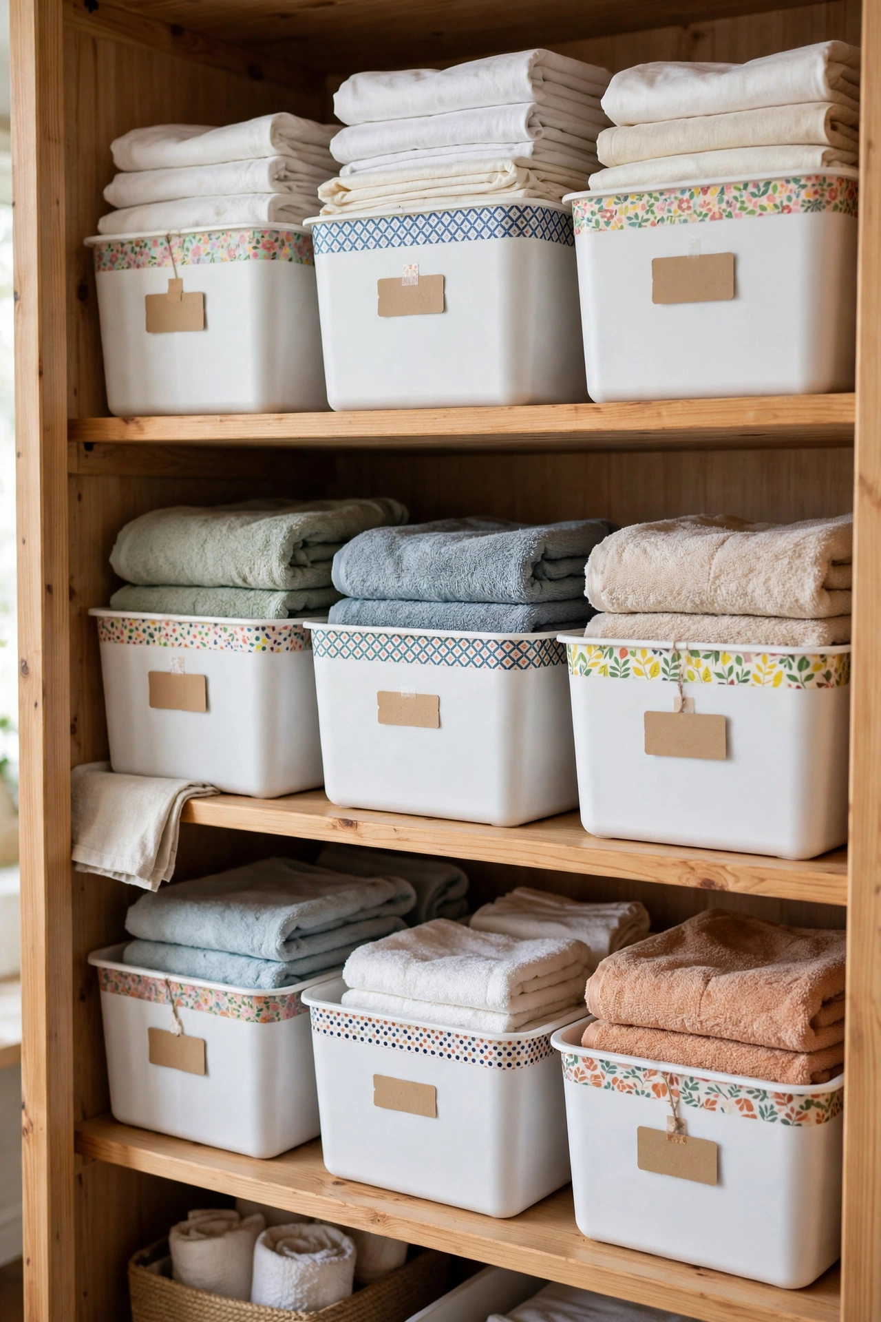 Linen closet shelves with plastic bins decorated with washi tape and labels for sheets and towels