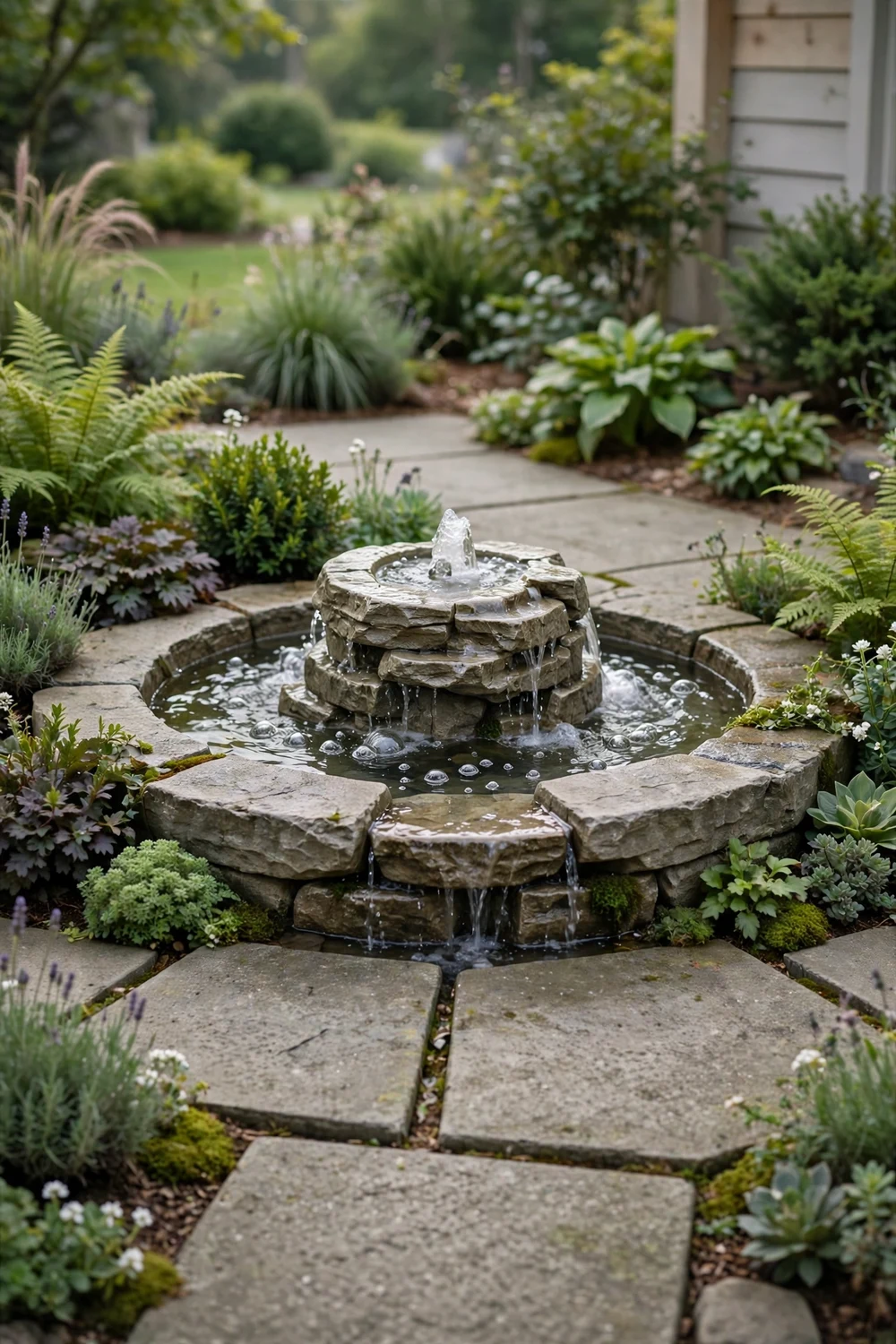 Tranquil front yard water fountain surrounded by elegant concrete pavers