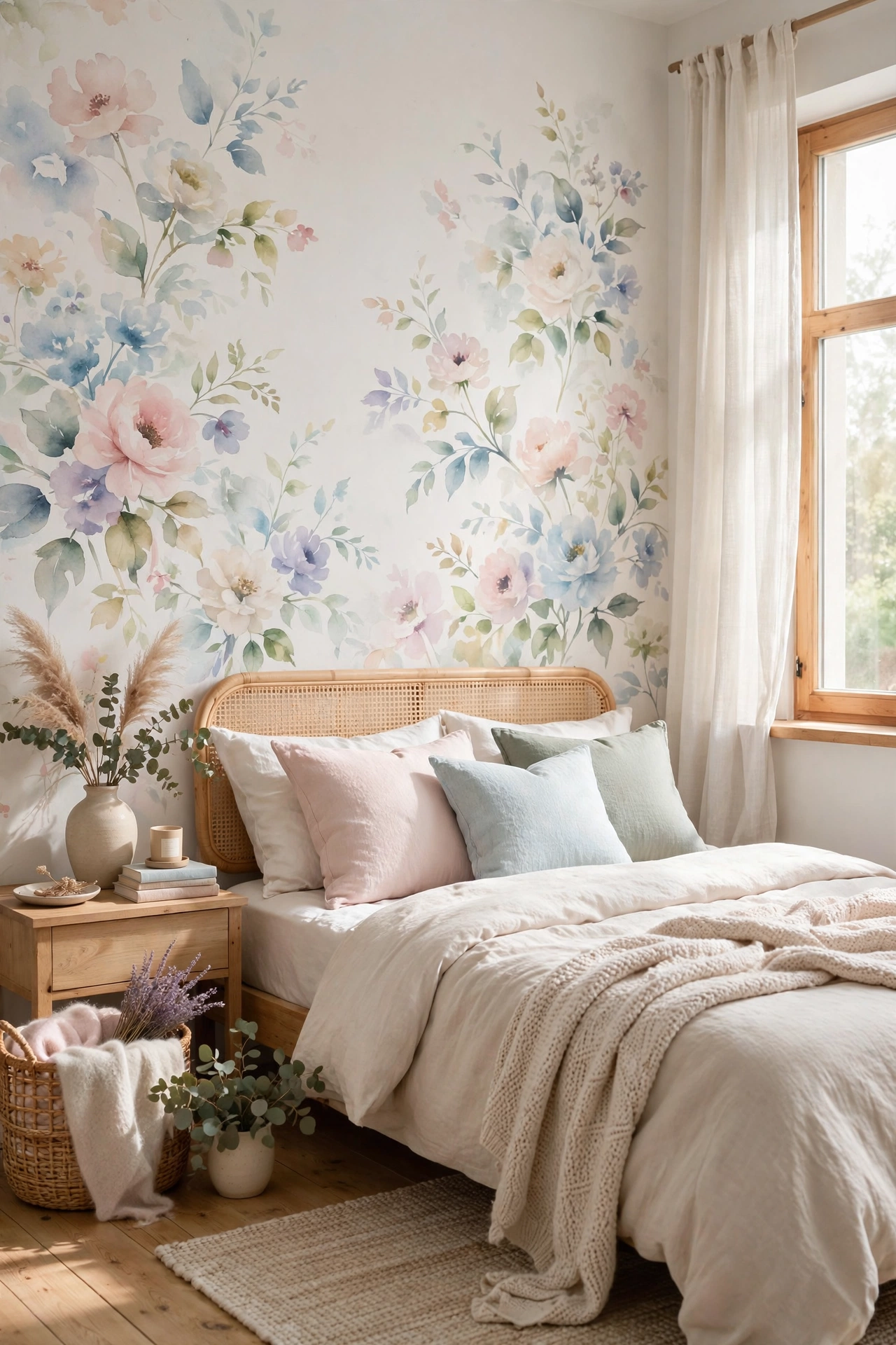 Dreamy bedroom with soft watercolor wash floral wallpaper in pastel tones