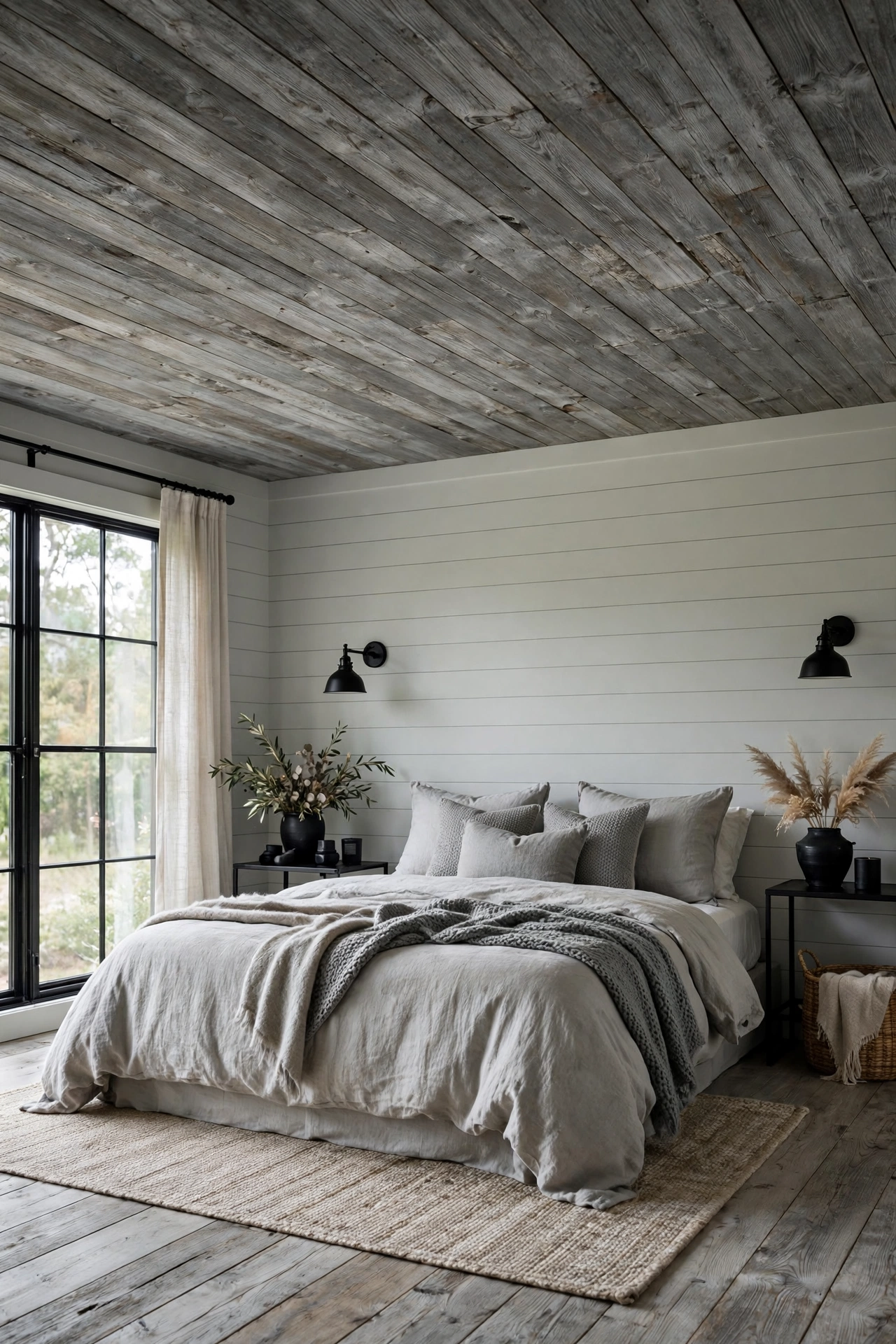 Weathered gray washed wood plank ceiling in a modern farmhouse bedroom