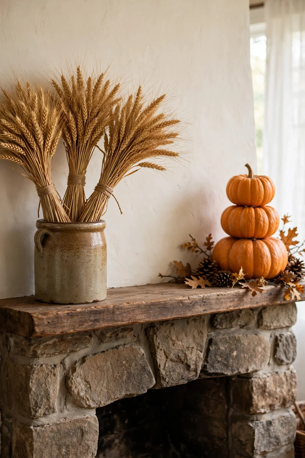 Tall stoneware crock with dried wheat sheaf bundles on a fall mantel