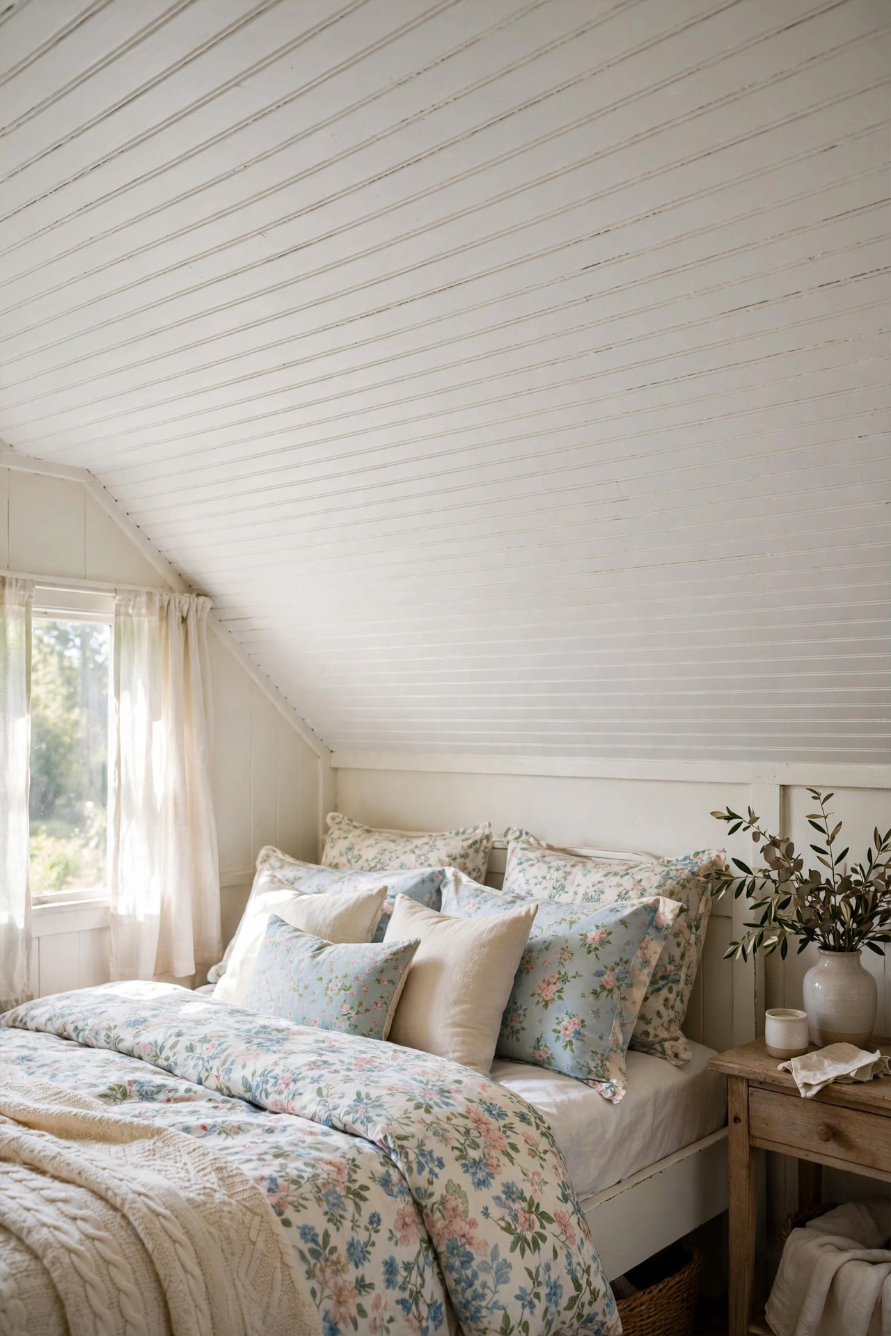 White painted beadboard plank ceiling in a charming cottage bedroom