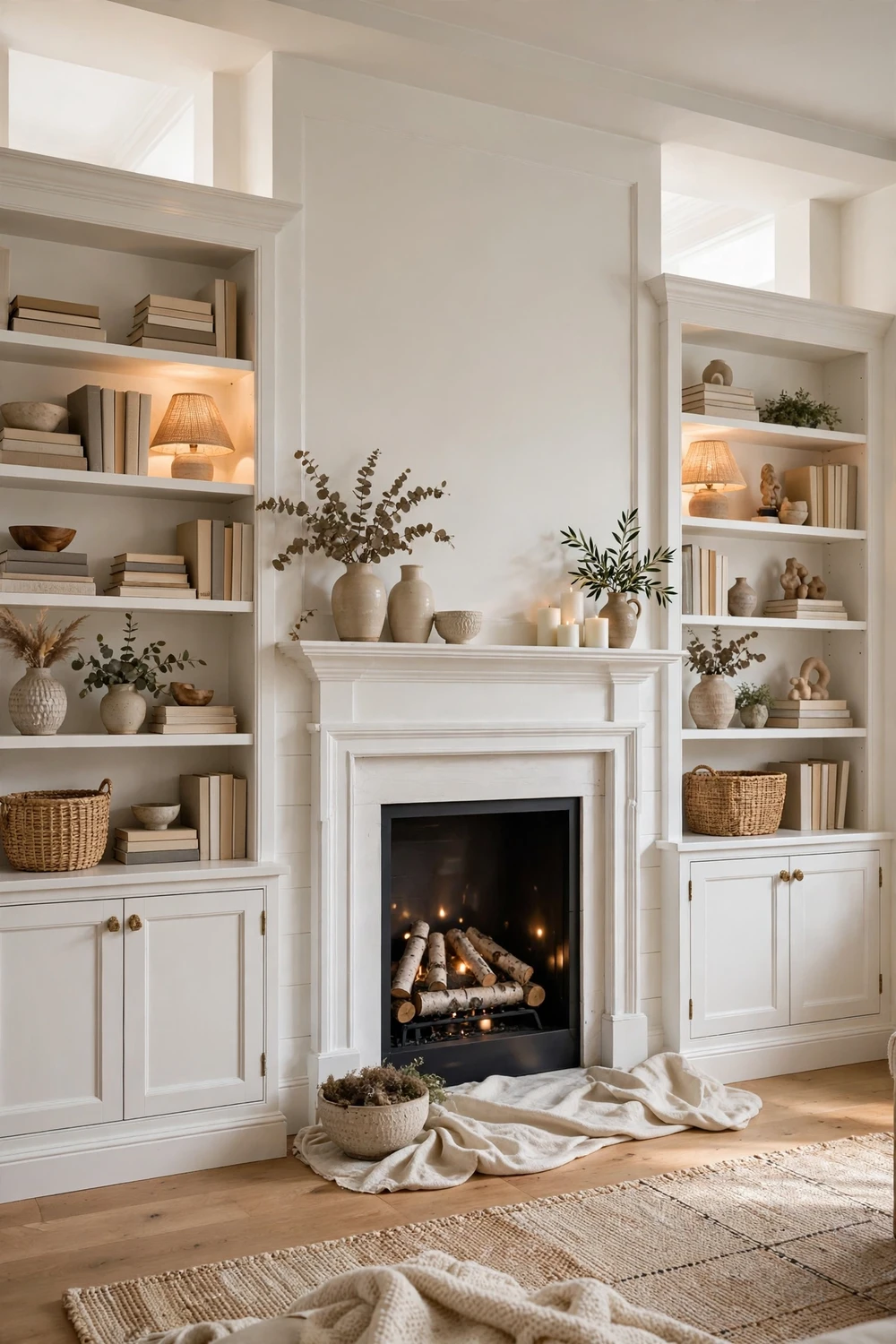 White built-in bookshelves symmetrically flanking a classic fireplace in a bright living room
