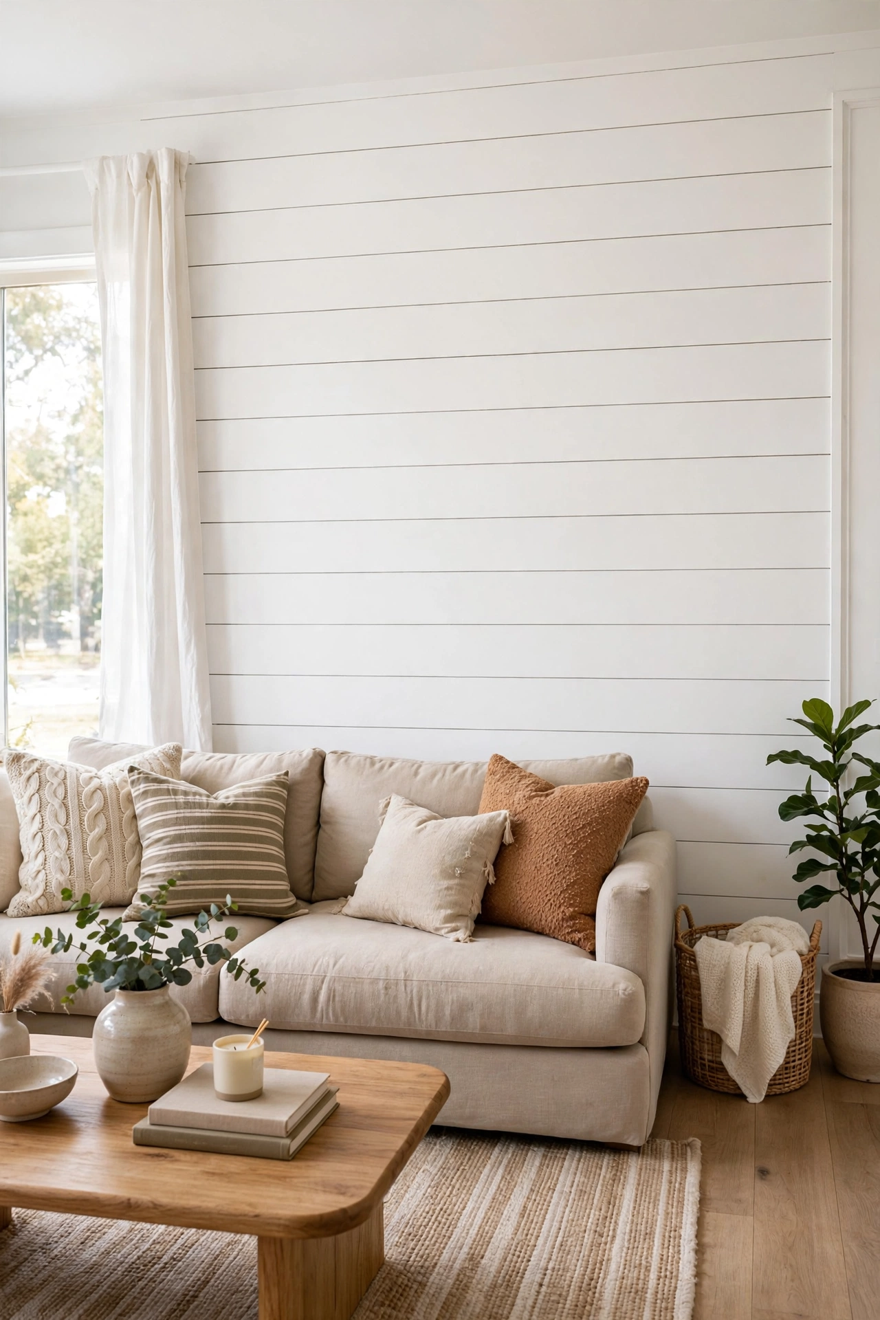 Bright living room with a classic white horizontal shiplap accent wall behind a beige sofa