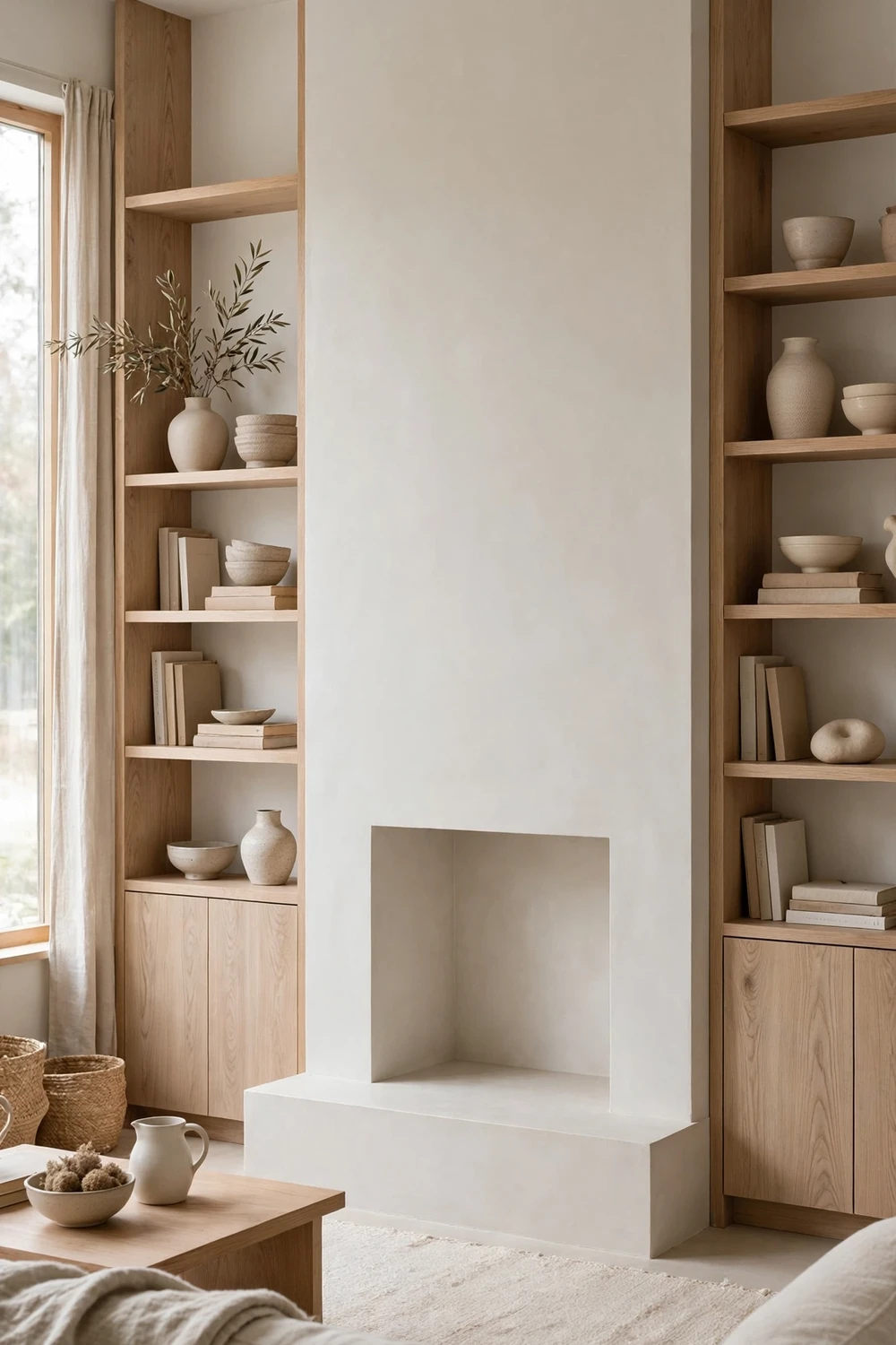 White oak Scandinavian style built-in shelves around a minimalist fireplace