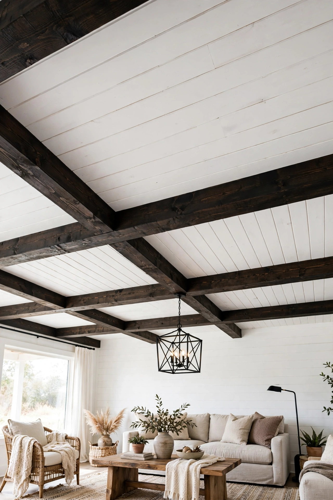 White painted plank ceiling contrasted with dark stained wood beams in a living room