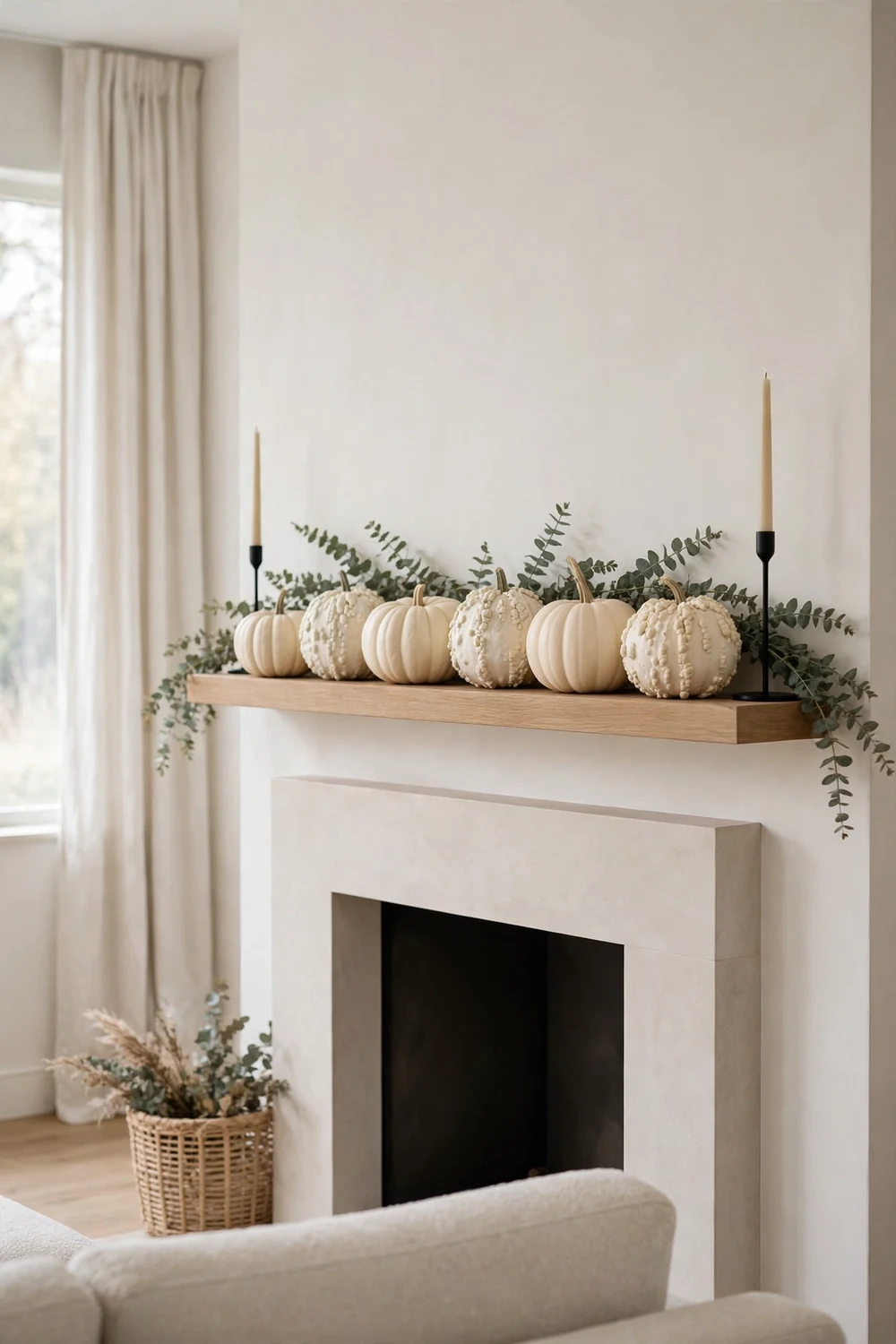 Minimalist fall mantel with white pumpkins, eucalyptus garland and black taper candles