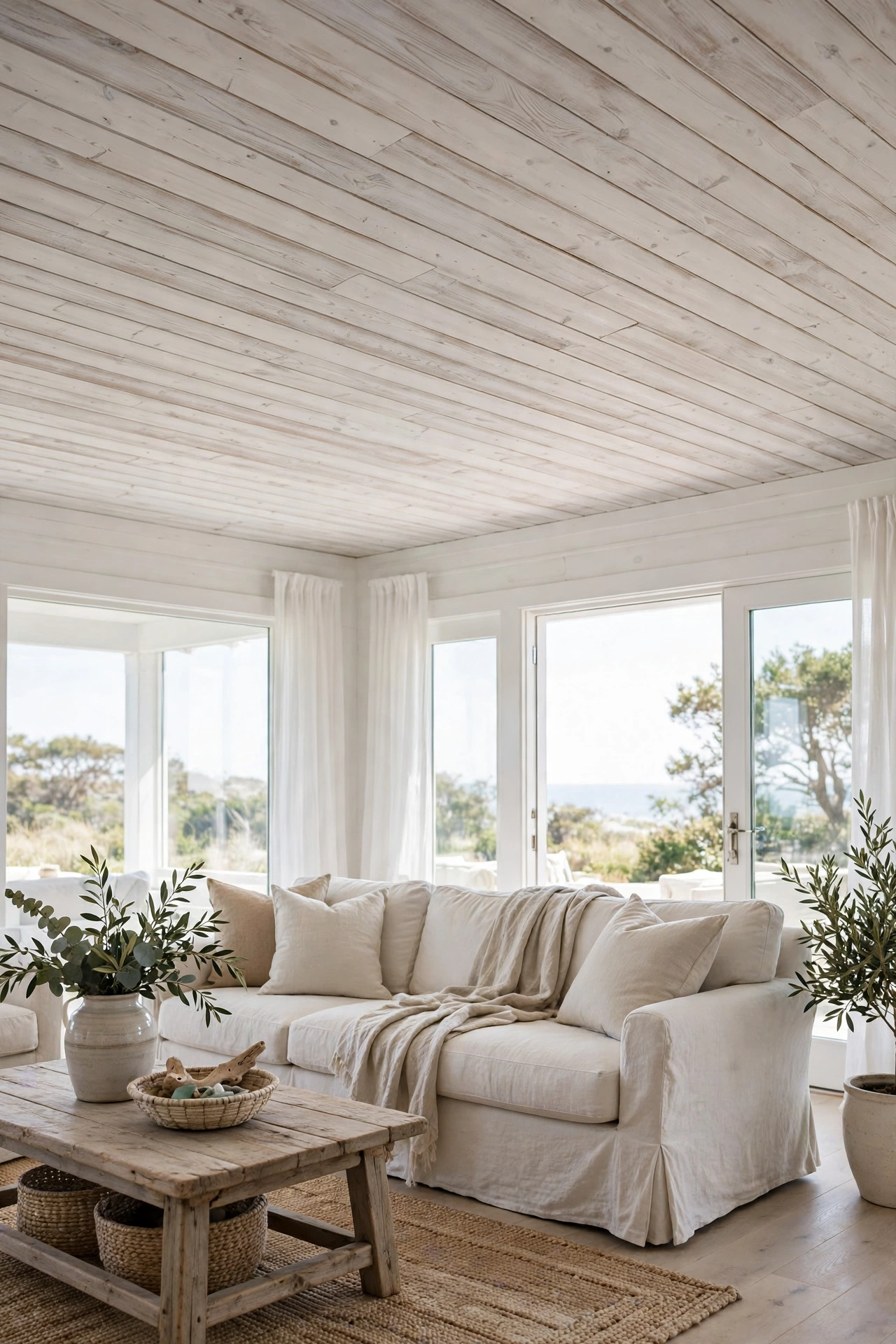 Whitewashed pine plank ceiling in a coastal living room with linen furniture