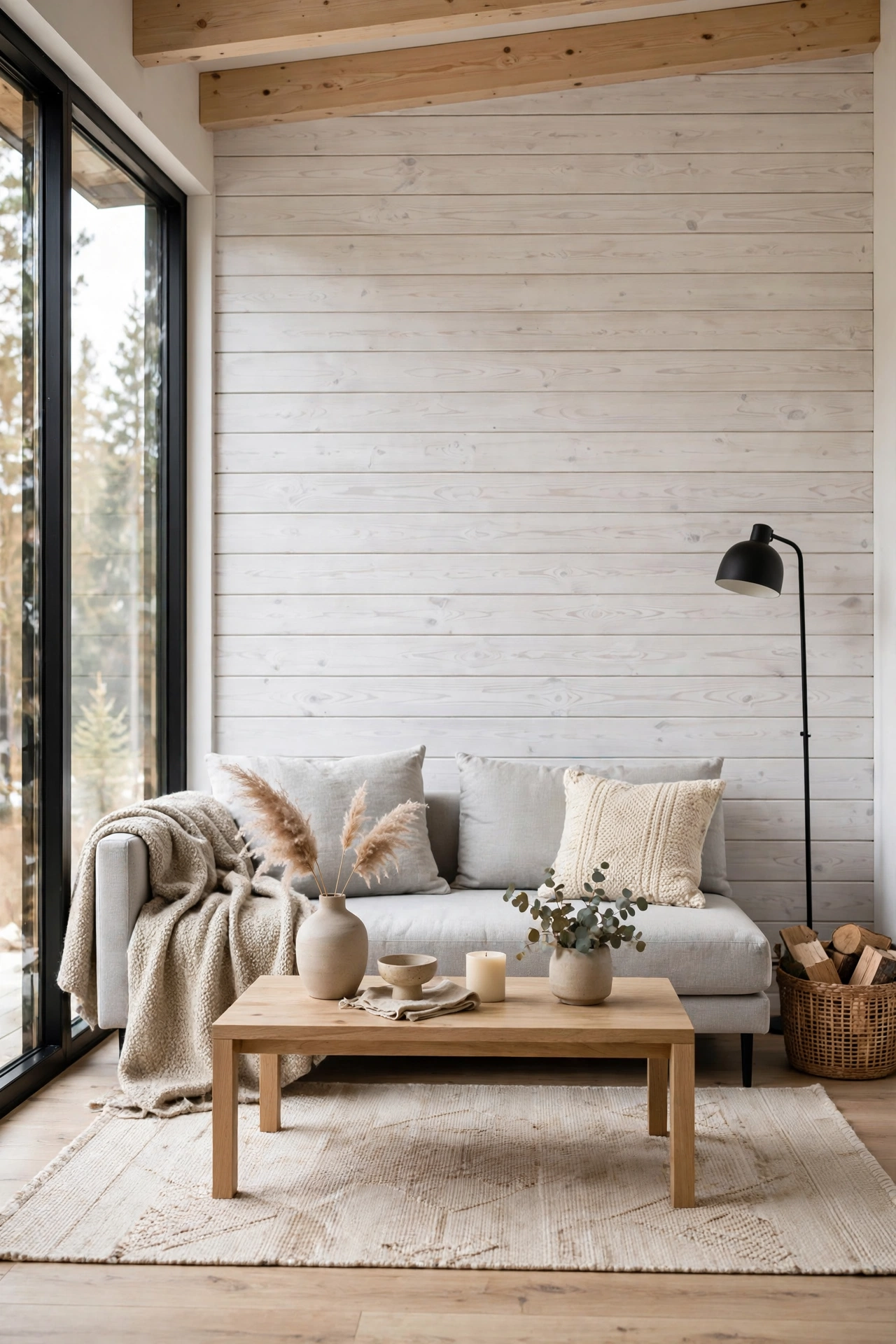 Living room with a whitewashed pine shiplap accent wall behind a modern sofa