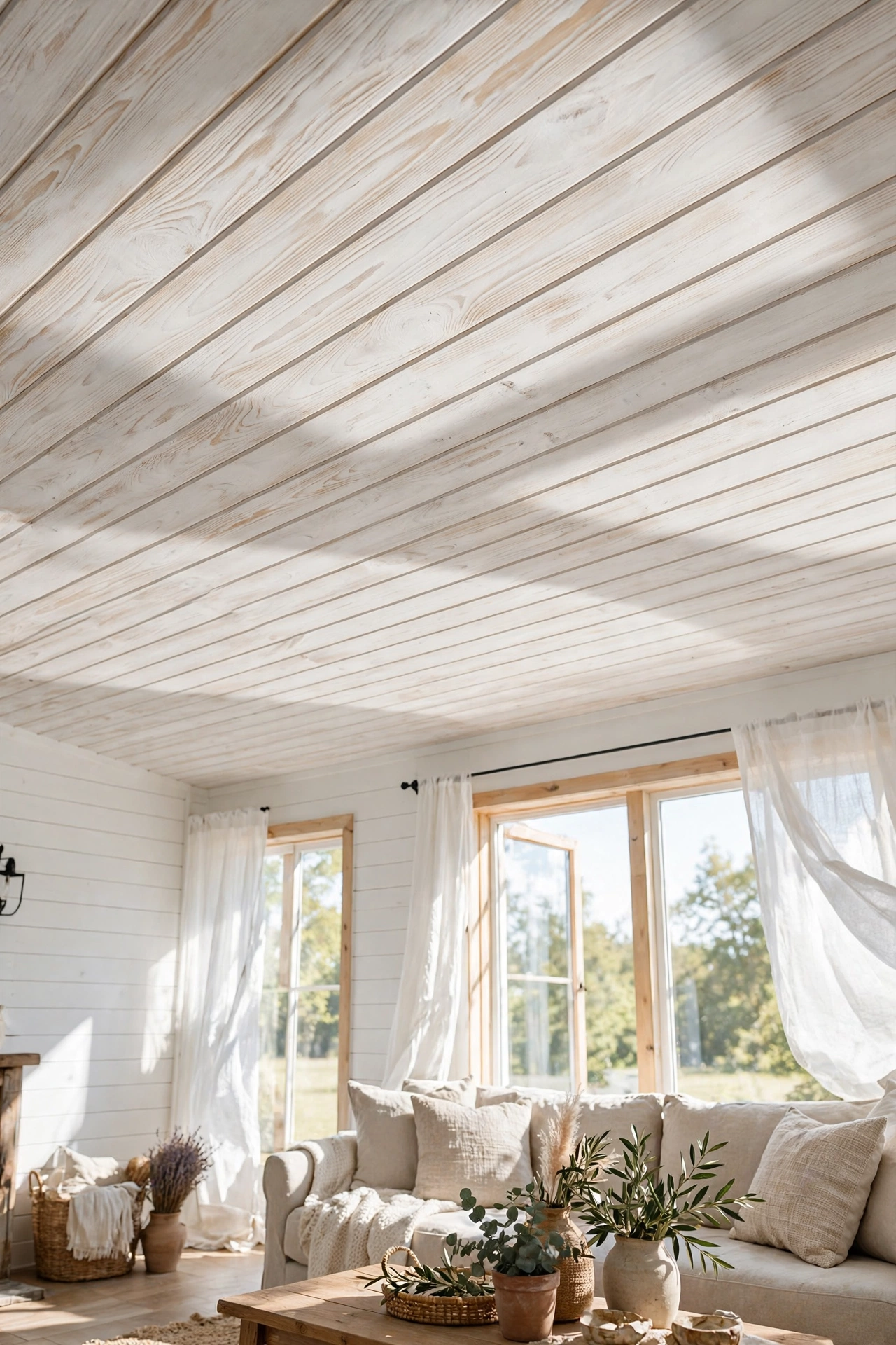 Whitewashed shiplap plank ceiling in a bright farmhouse living room