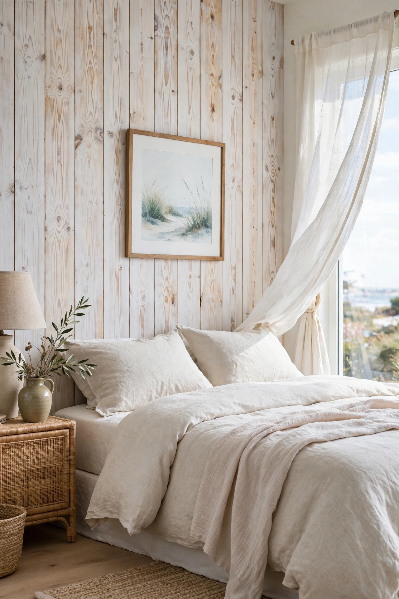 Coastal bedroom accent wall with whitewashed natural pine shiplap showing wood grain