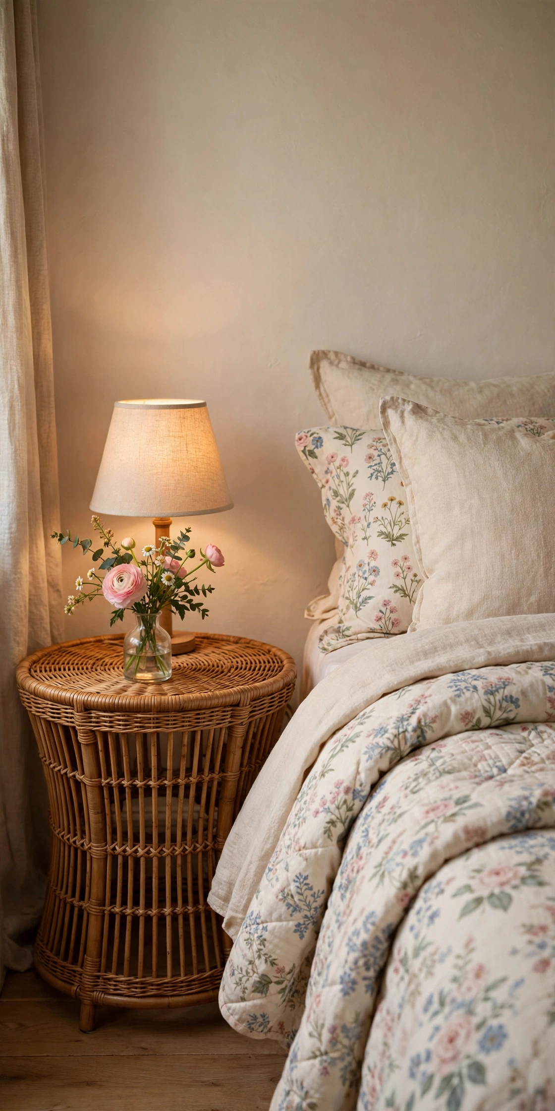 Rattan wicker bedside table with a small lamp and fresh flowers beside a bed