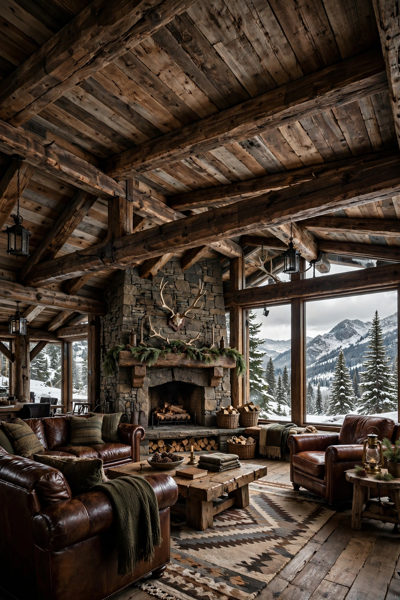 Wide rustic wood plank ceiling in a mountain lodge living room