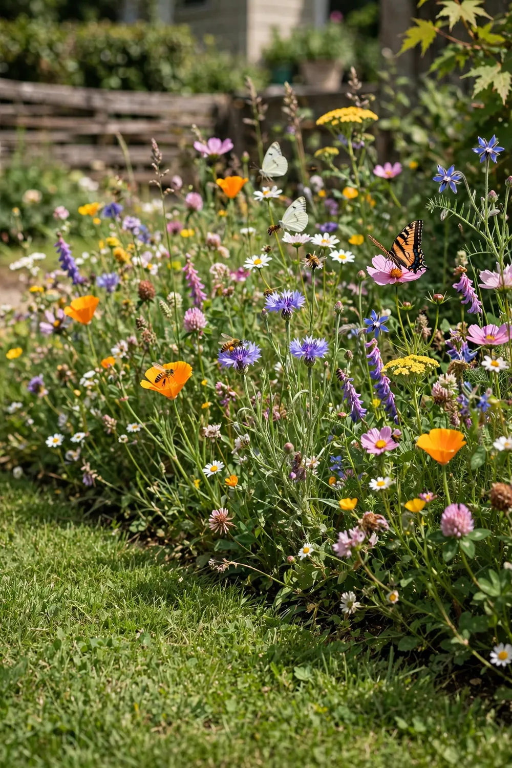 Wildflower meadow strip with colorful blooms, bees and butterflies along a sunny lawn edge