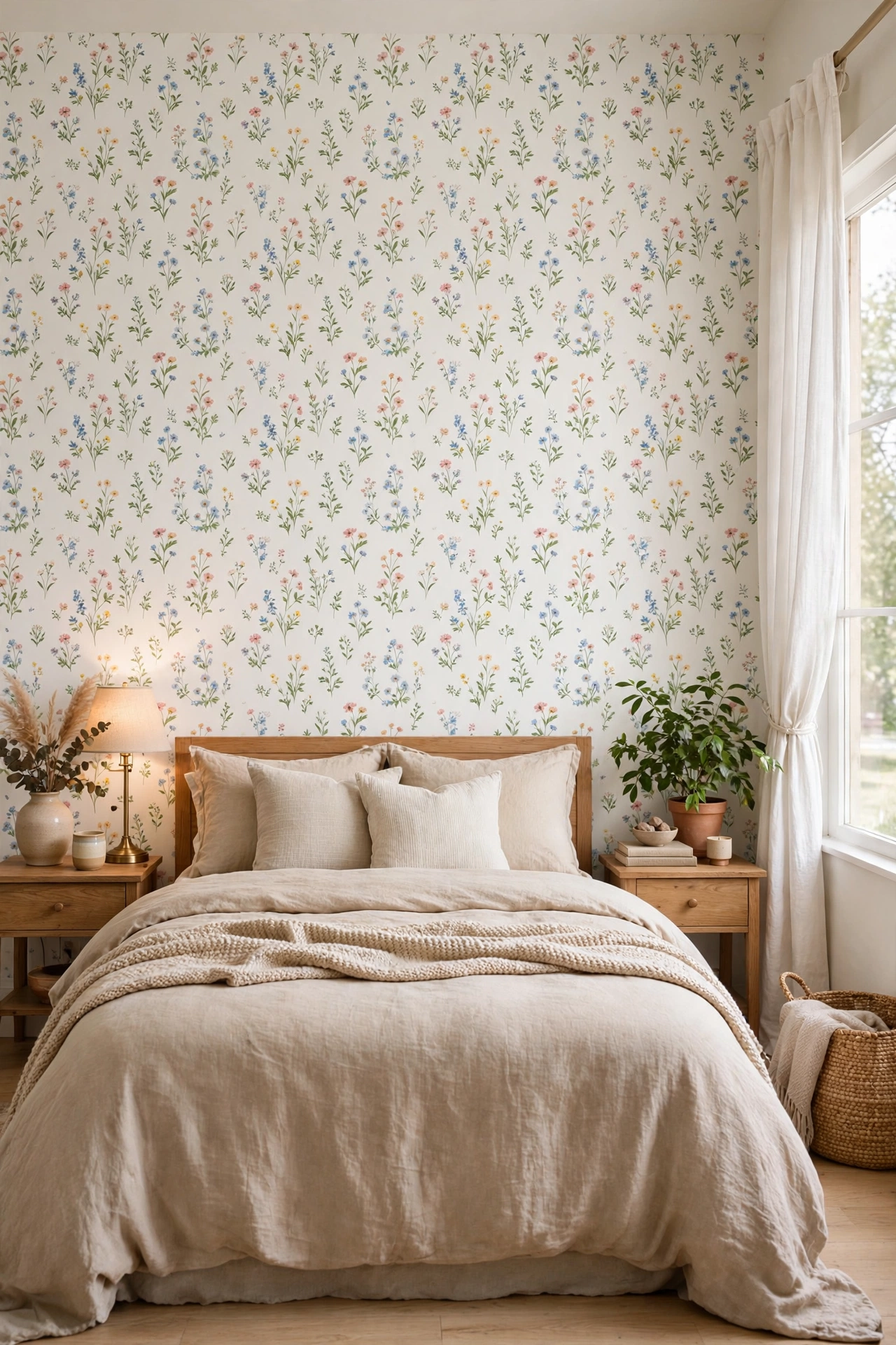 Bedroom with small-scale wildflower meadow wallpaper in soft colors on light background