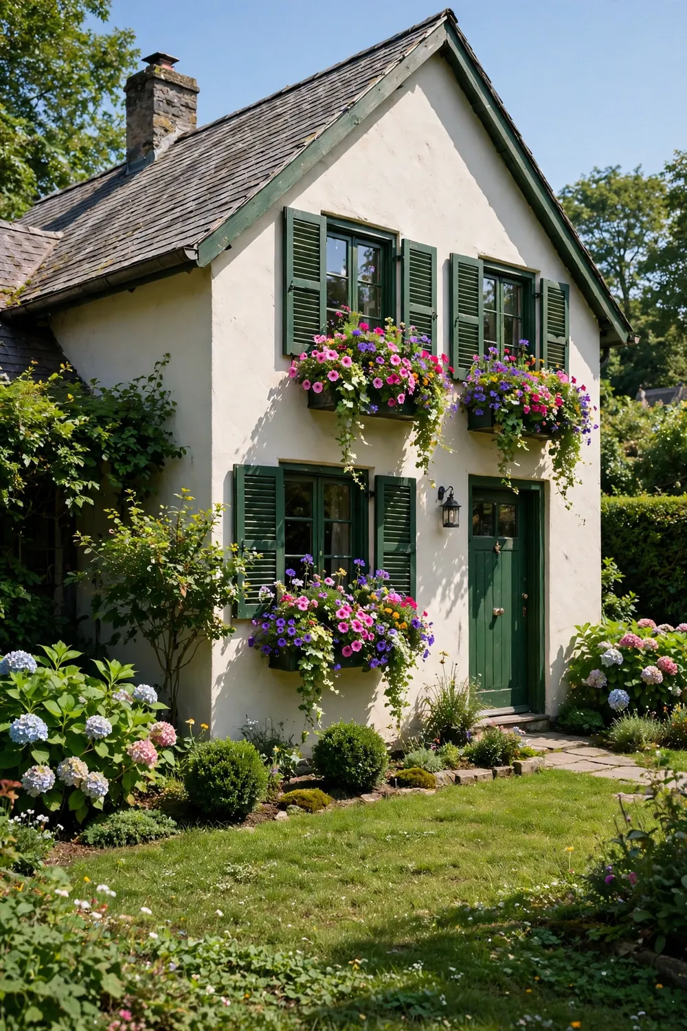Cottage-style house with classic shutters and overflowing flower window boxes above a charming front lawn