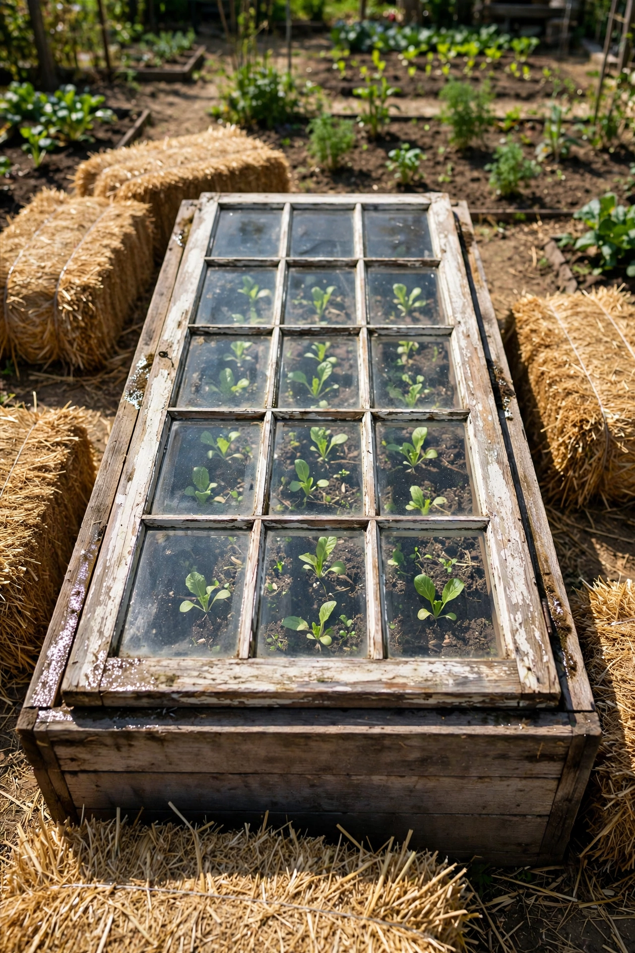 Old window sash laid over a low wooden box in a vegetable garden as a cold frame