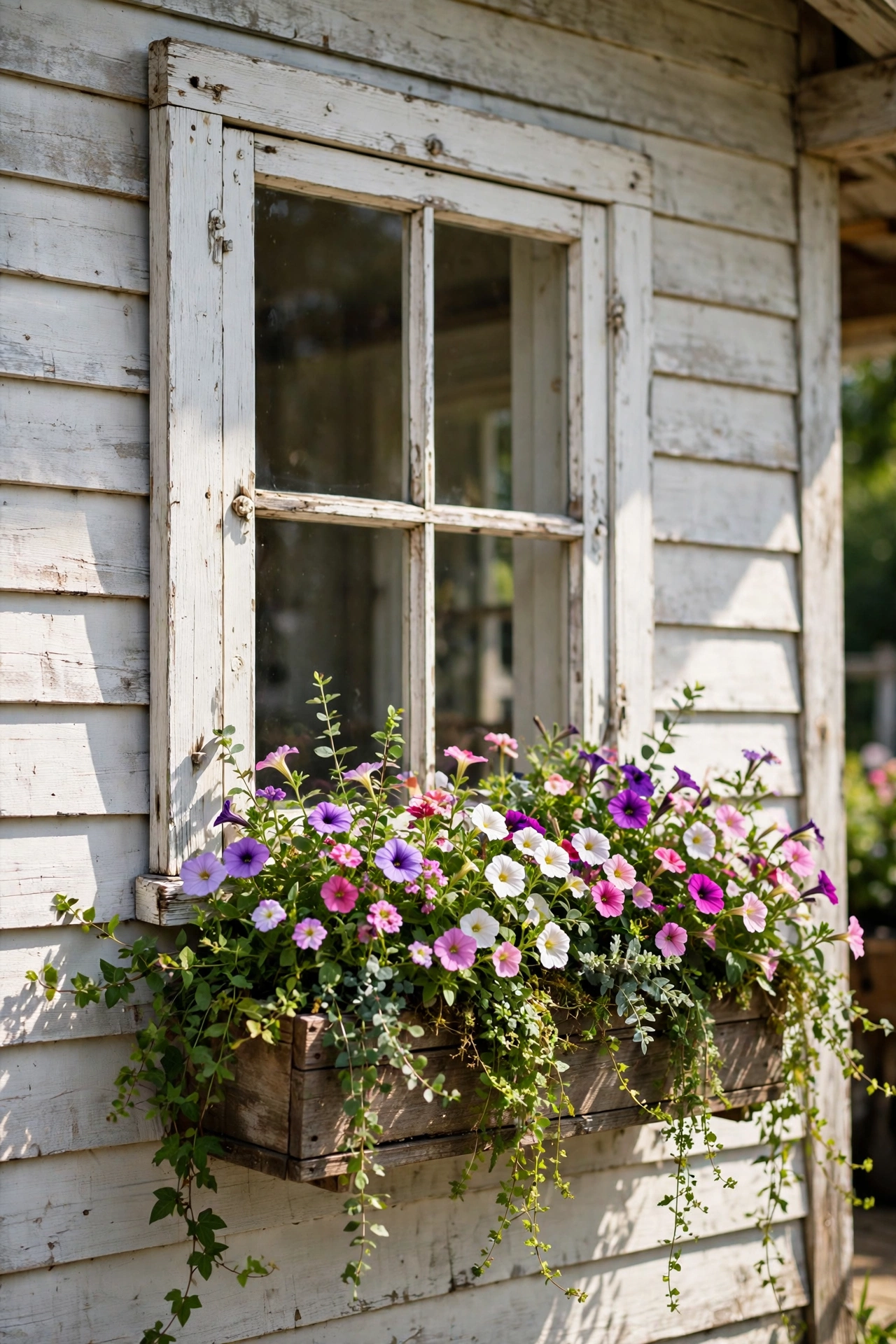 Old window with a wooden flower box attached at the bottom planted with colorful blooms