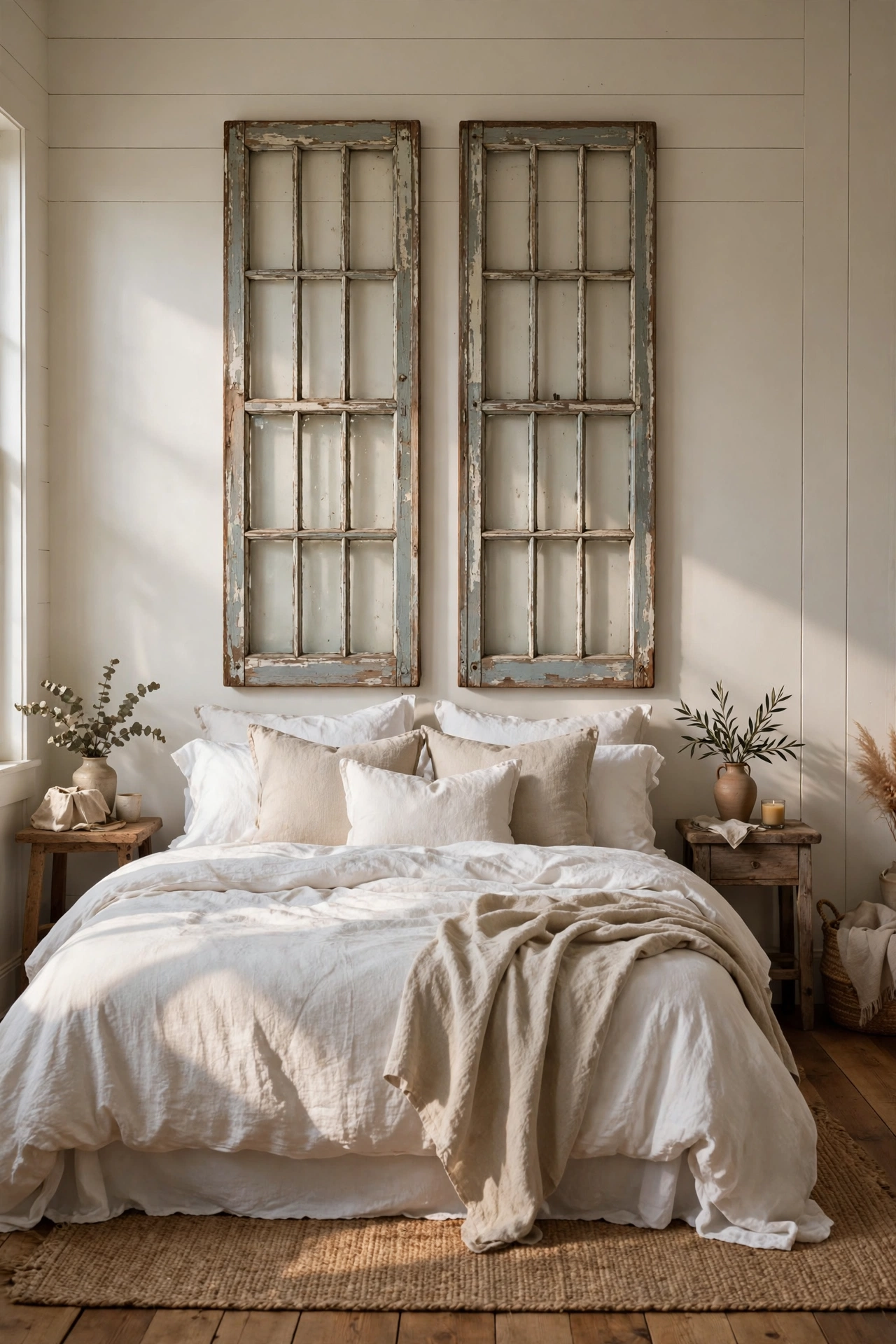 Farmhouse bedroom with old window frames mounted above the bed as a headboard